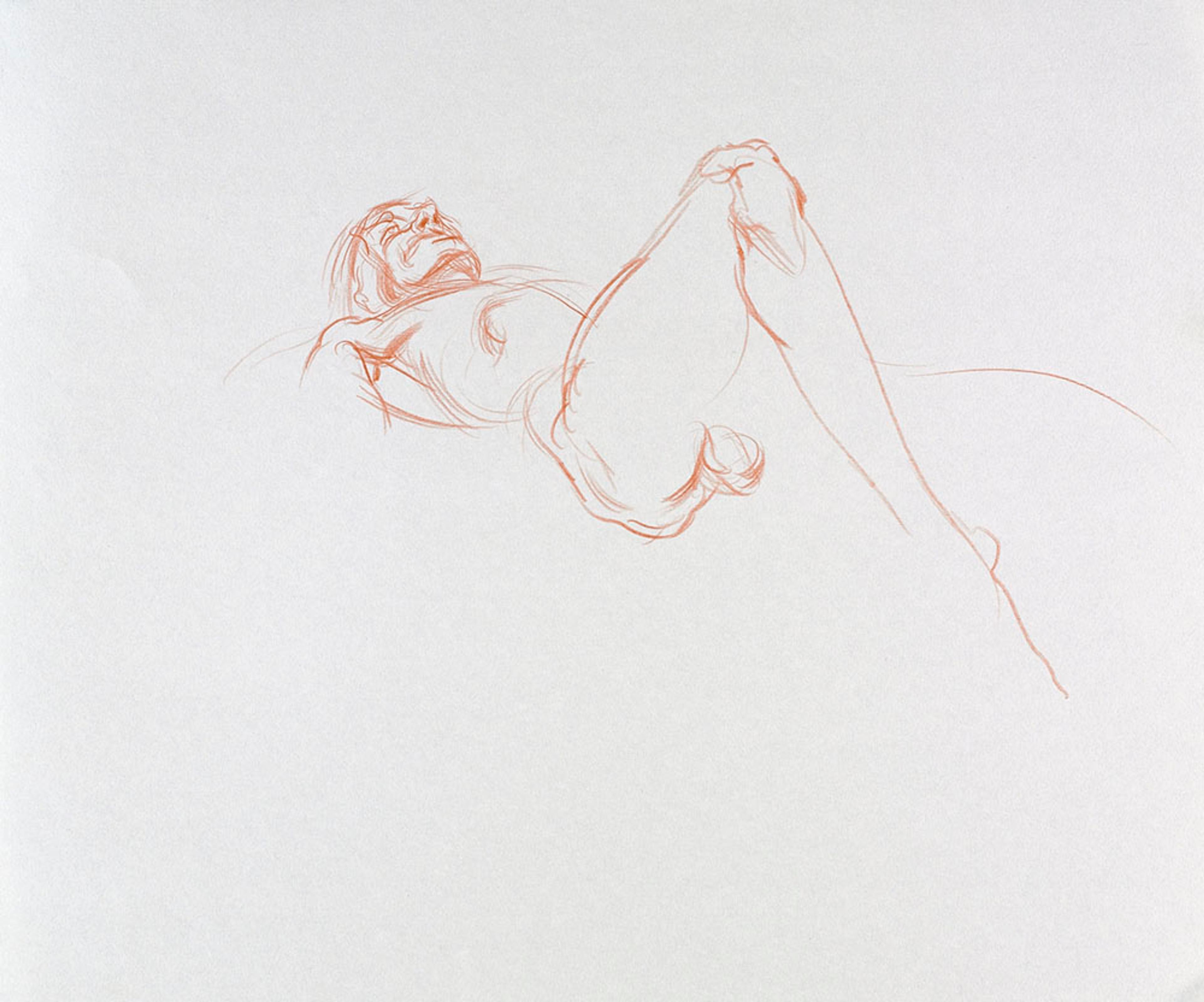 Angel Ramirez (American, born Peru 1978). Untitled (Lying pose), from Iggy Pop Life Class by Jeremy Deller, 2016. Orange colored pencil on paper, 14 x 17 in. (35.6 x 43.2 cm). Brooklyn Museum Collection, TL2016.8.14b. (Photo: Sarah DeSantis, Brooklyn Museum)