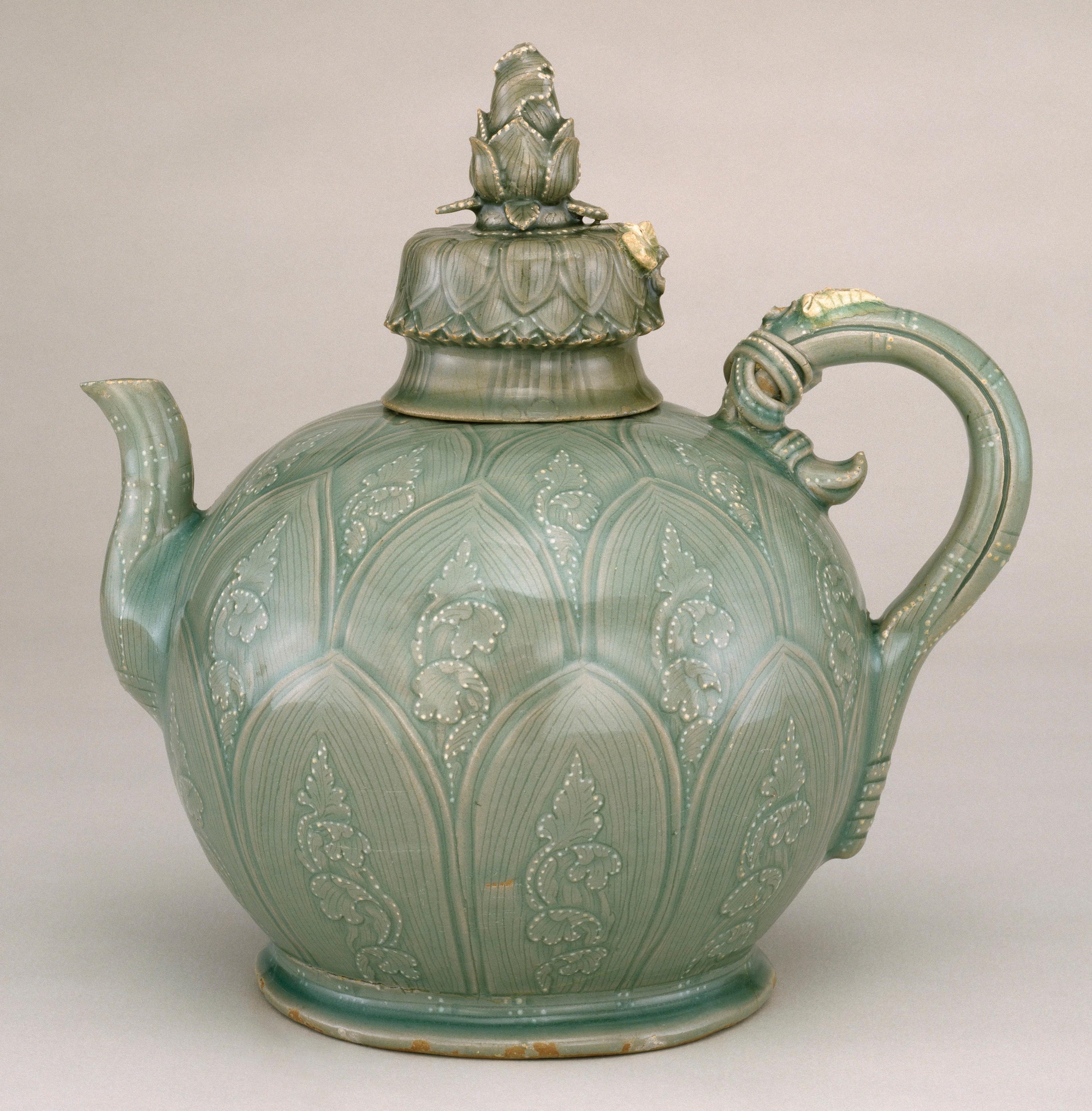 Ewer with Cover. Korea, Goryeo dynasty, first half 12th century. Stoneware with underglaze slip decoration and celadon glaze, 9 7/8 × 9 1/2 × 5 1/2 in. (25.1 × 24.1 × 14 cm). Brooklyn Museum; Gift of Mrs. Darwin R. James III, 56.138.1a-b. (Photo: Brooklyn Museum)