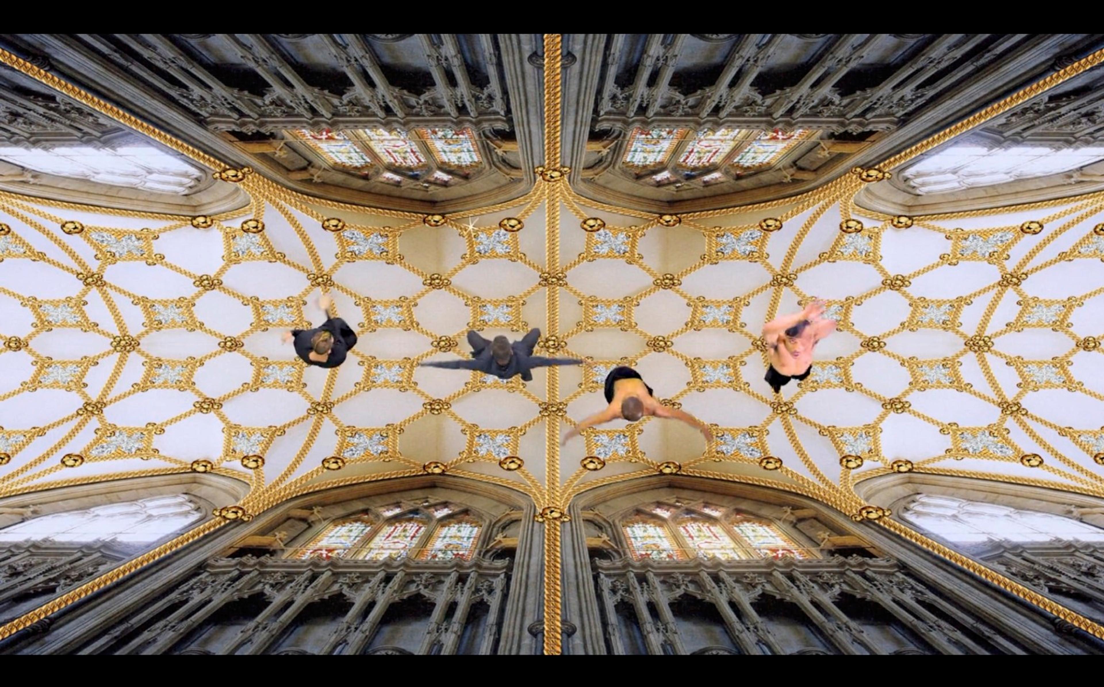 Rashaad Newsome. KNOT, 2014. Single-channel video installation and custom artist vinyl wallpaper. Video (color, sound): 3 min., 45 sec. (continuous loop). Brooklyn Museum; Gift of the artist and De Buck Gallery
