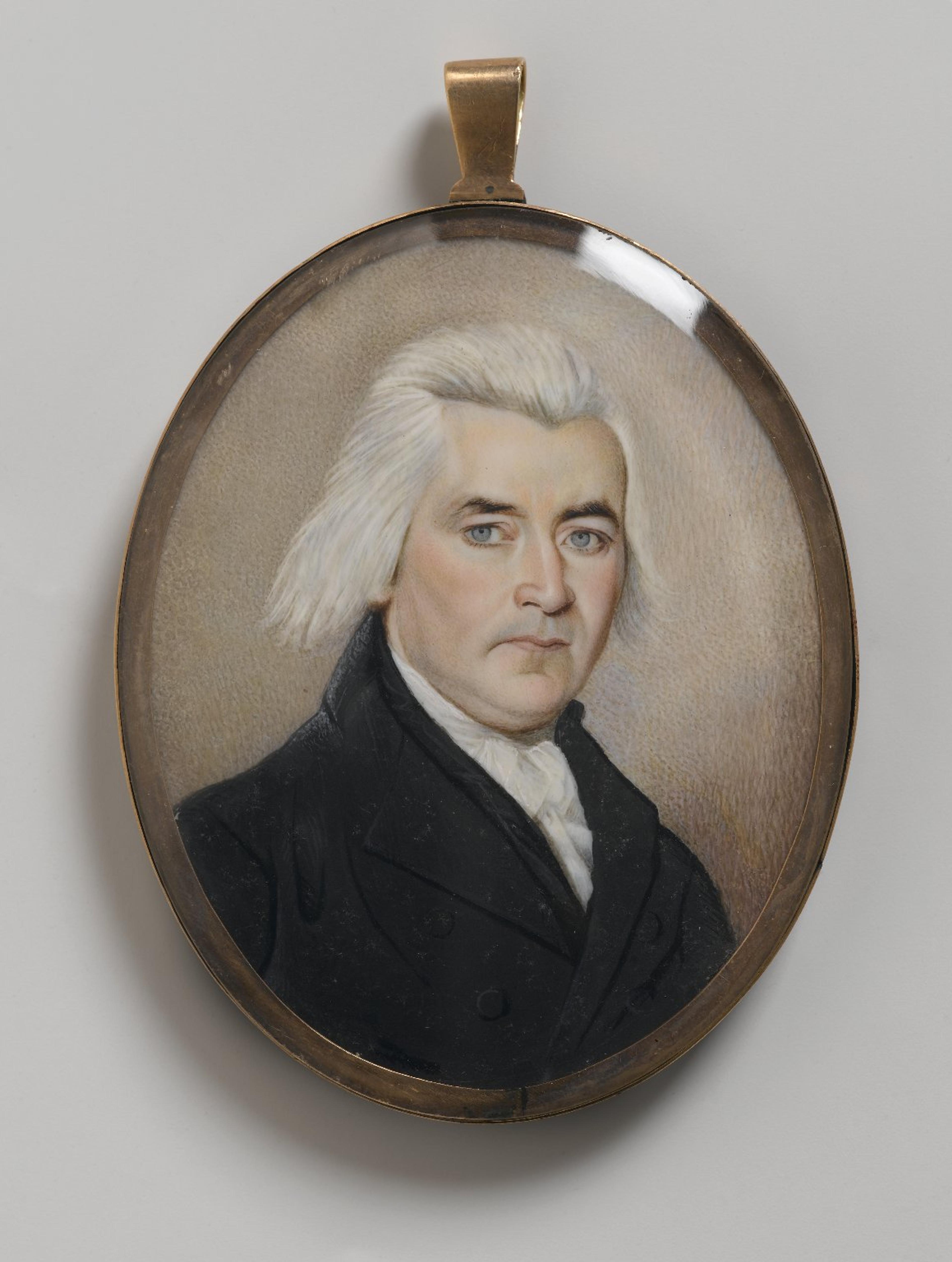 Unknown artist. Portrait of a Gentleman/Mourning Miniature, late 18th century. Watercolor on ivory with human hair housed in metal locket with glass lenses, recto (sight): 215⁄16 x 23⁄8 in. (7.5 × 6 cm). Brooklyn Museum; Bequest of Samuel E. Haslett, 21.478