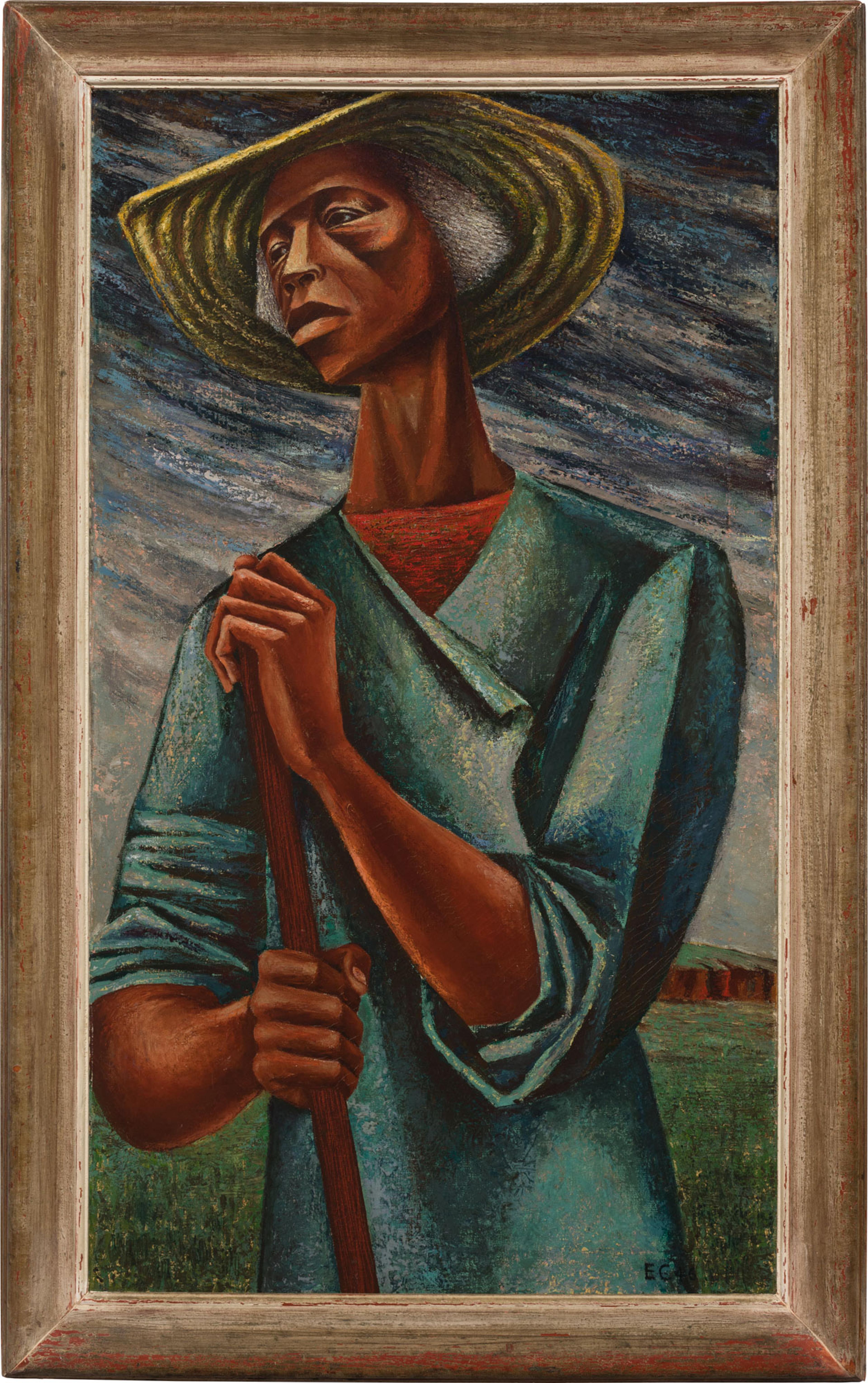 Framed painting of a figure with white hair, wearing a straw hat, green dress, and holding a stick.