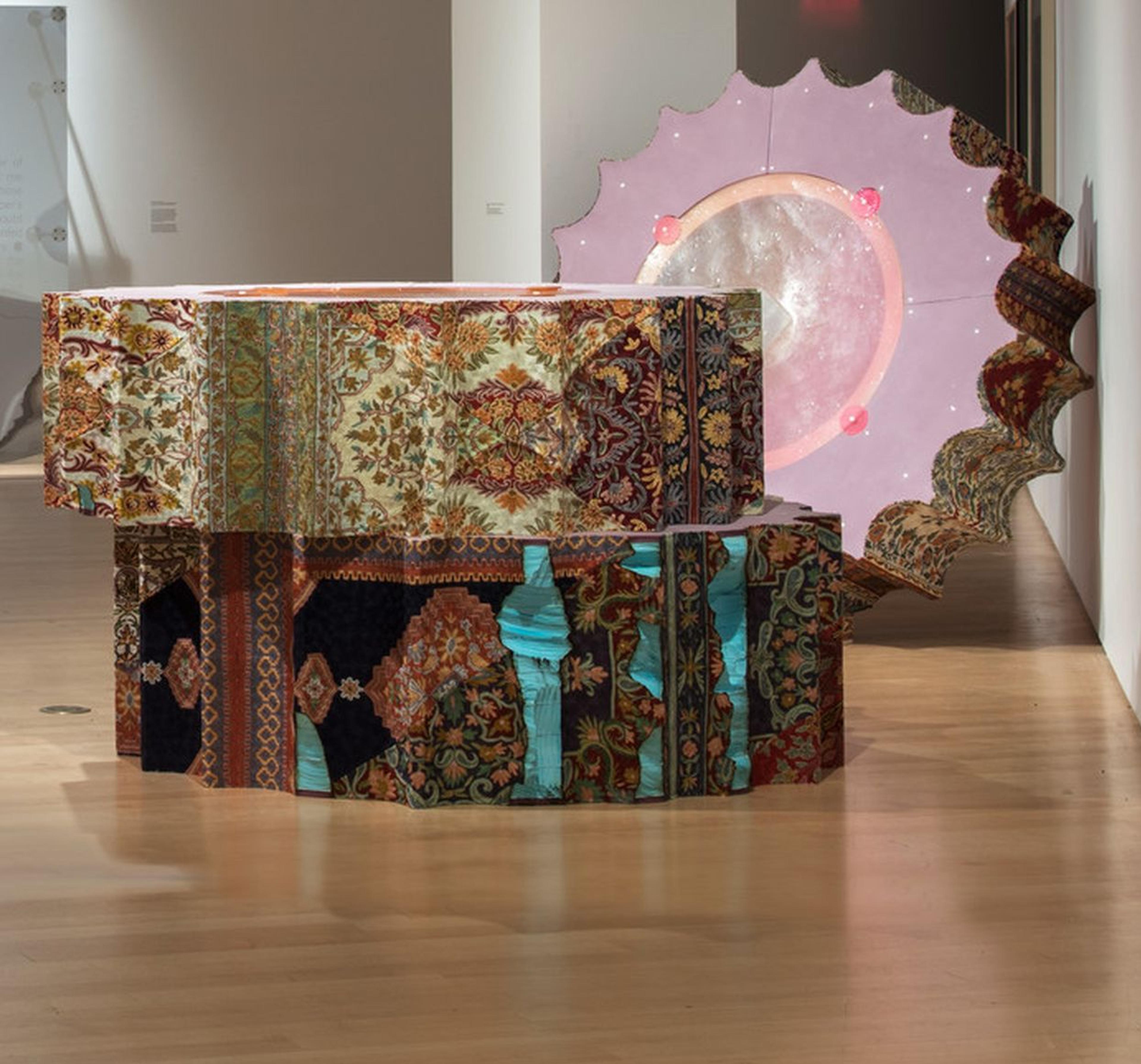 Baseera Khan (born Denton, Texas, 1980). Installation view, Snakeskin—Column Number 2, Number 6, Number 7, 2019. Pink Panther FOAMULAR, plywood, resin dye, custom handmade silk rugs made in Kashmir, India, each section 72 × 22 × 72 in. (182.88 × 55.88 × 182.88 cm). Courtesy of the artist and Simone Subal Gallery, New York. © Simone Subal Gallery, New York. (Photo: Jonathan Dorado, Brooklyn Museum)