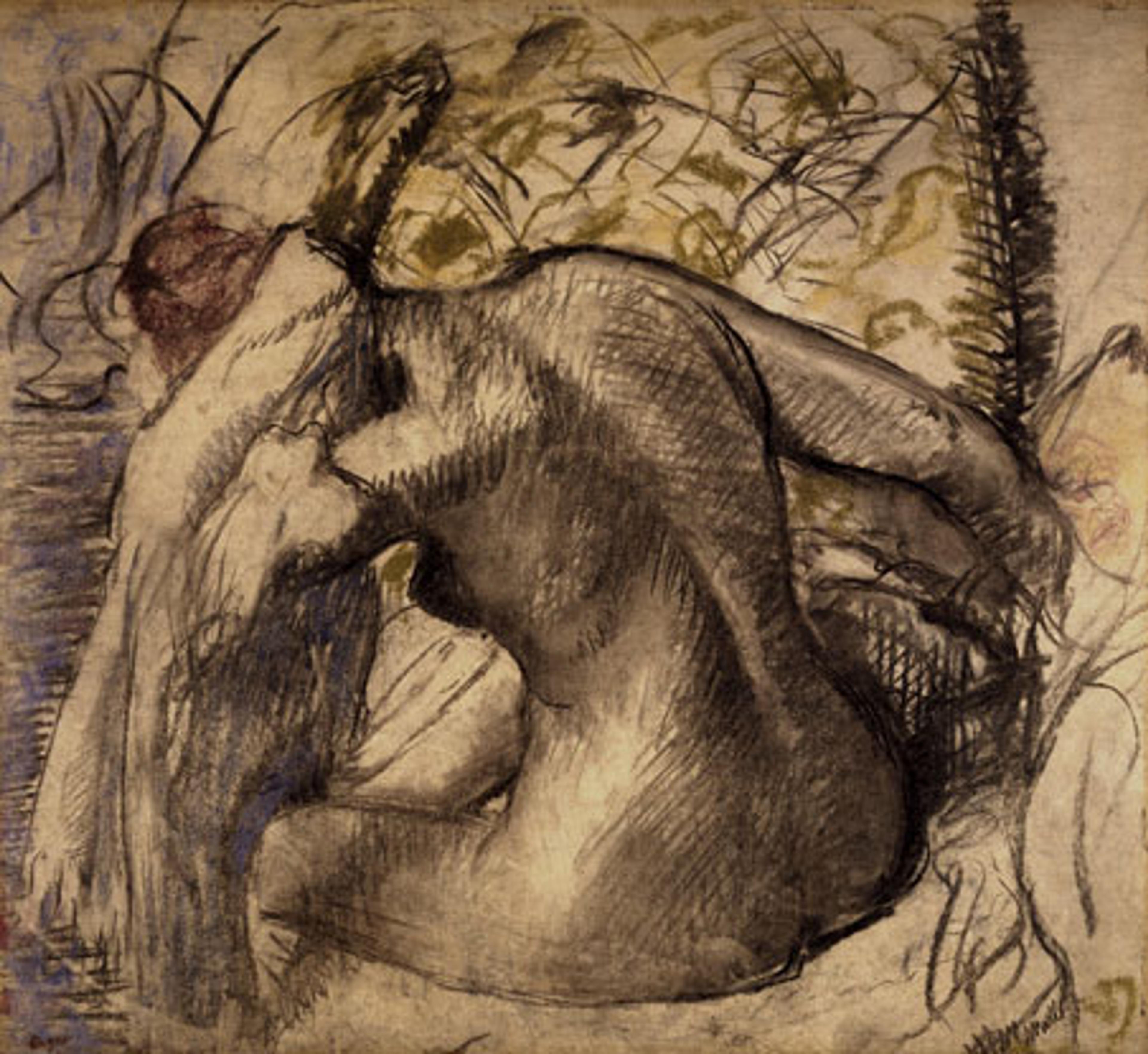 Edgar Degas (French, 1834–1917). Seated Nude Woman Drying Her Hair, ca. 1902. Pastel on translucent paper mounted on paperboard, 251⁄4 x 271⁄2 in. (64.1 × 69.9 cm). Brooklyn Museum, Gift of Mrs. Leo Smith, 54.54