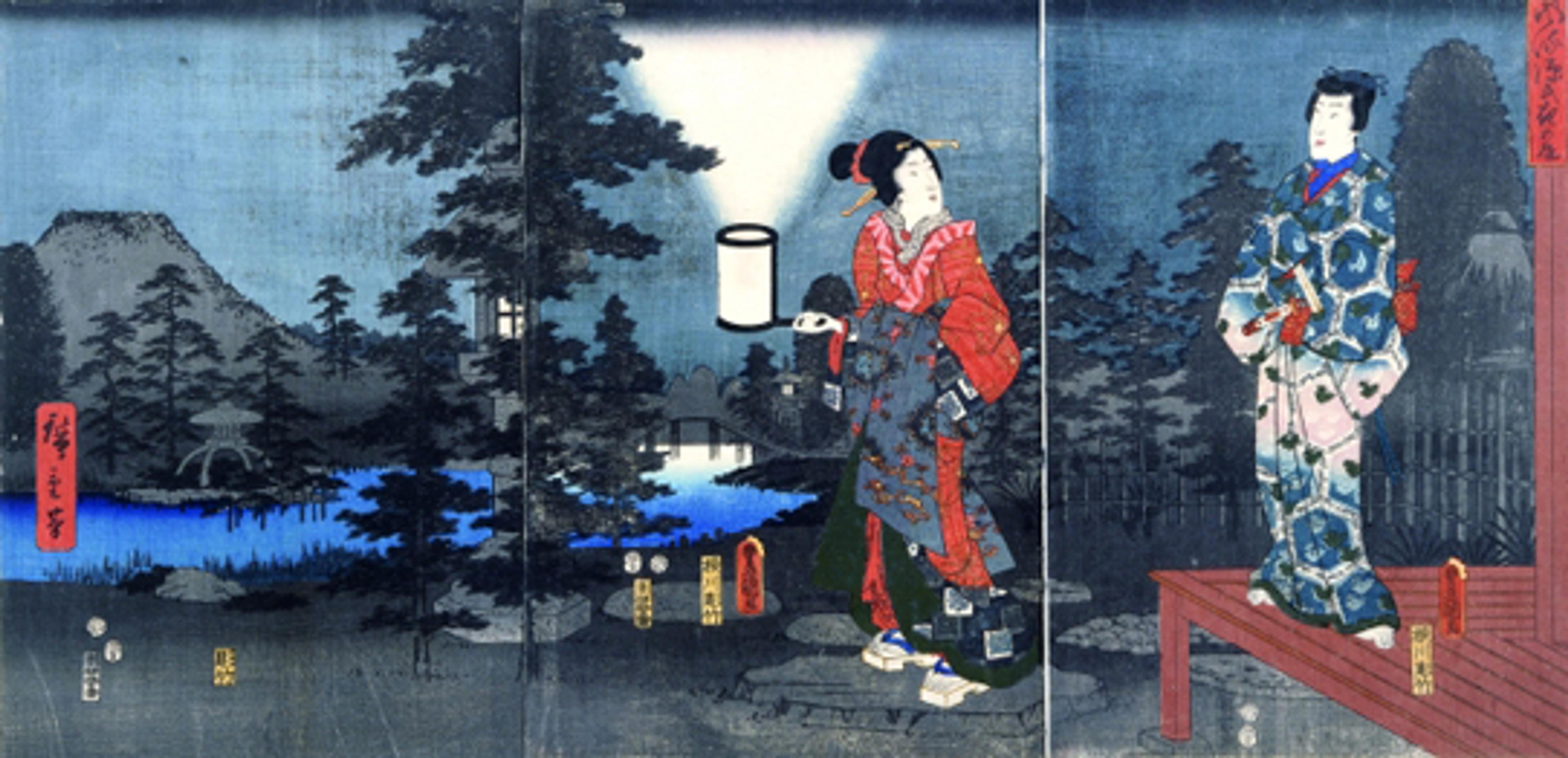 Utagawa Hiroshige (1797–1858) and Utagawa Kunisada (Toyokuni III, 1786–1865). Night Garden, 1853. From the series Elegant Prince Genji. Color woodcut. Chazen Museum of Art, John H. Van Vleck Endowment Fund purchase, 2003.14a–c