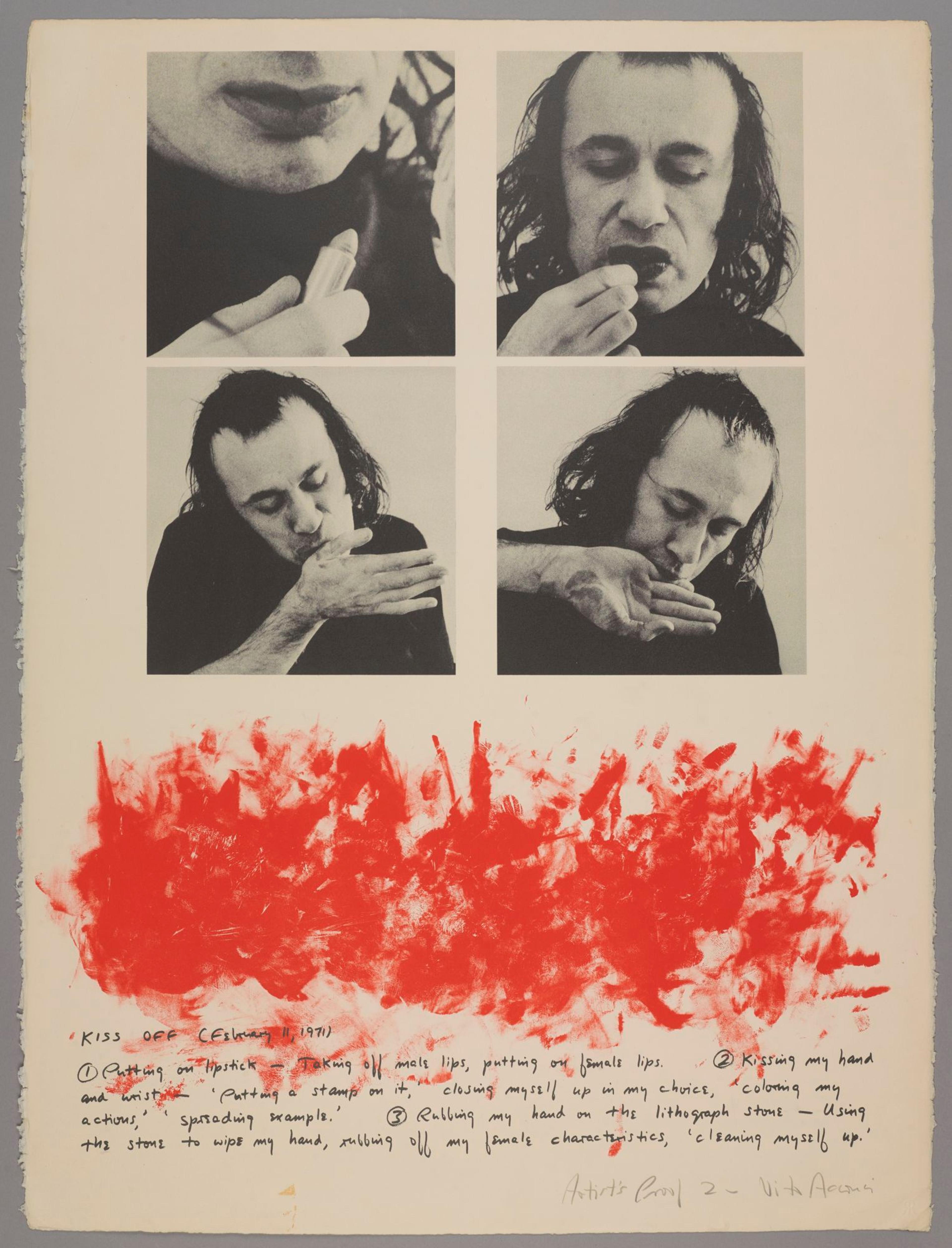 Vito Acconci (New York City, New York, 1940–2017). Kiss Off, 1971. Lithograph and lipstick on paper, 301/8 × 223/4 in. (76.5 × 57.8 cm). Brooklyn Museum; Gift of Dr. Steven Kazan, 1992.18. © 2018 Vito Acconci / Artists Rights Society (ARS), New York. (Photo: Jonathan Dorado, Brooklyn Museum)