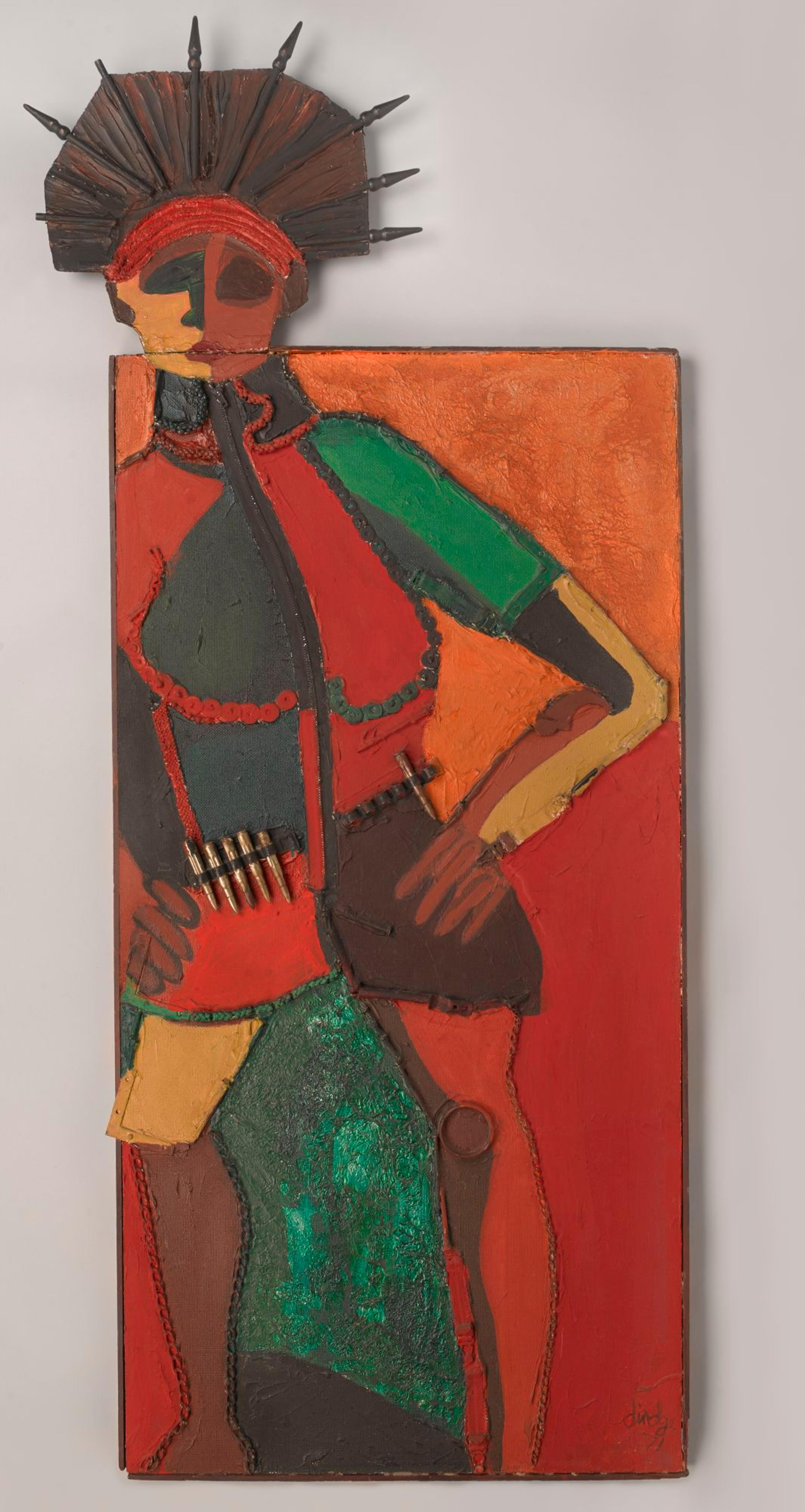 A mixed-media artwork of a stylized figure in bold colors with a headdress