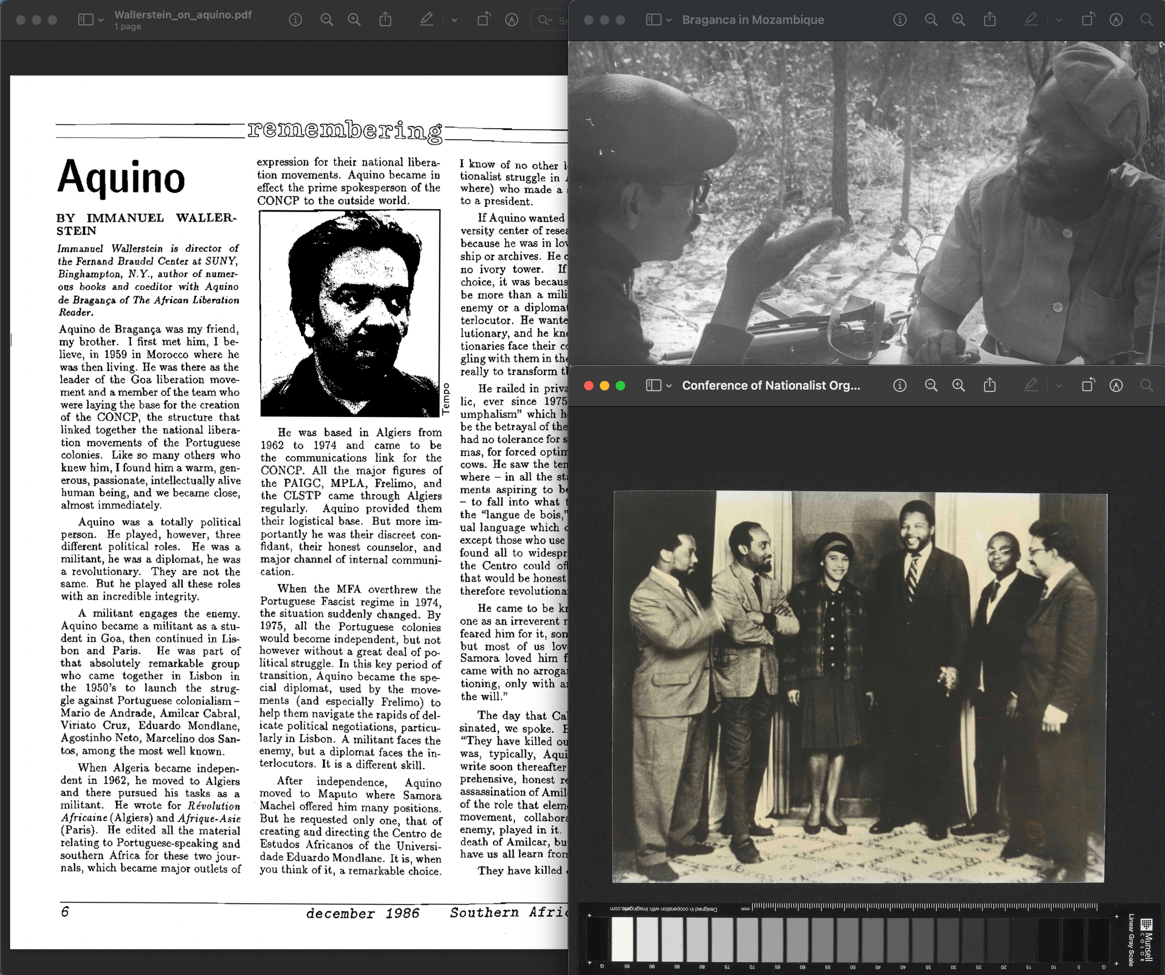 Screenshot of a desktop assemblage of images featuring Aquino de Bragança, comprising a PDF obituary by theorist Immanuel Wallerstein, a photograph of the CONCP, and an image of Bragança with a Mozambican guerrilla fighter. This screenshot was printed on frosted plexiglass and included in the sculpture <i>Red Clay, Stretched Water (Return to the Source)</i> (2023).