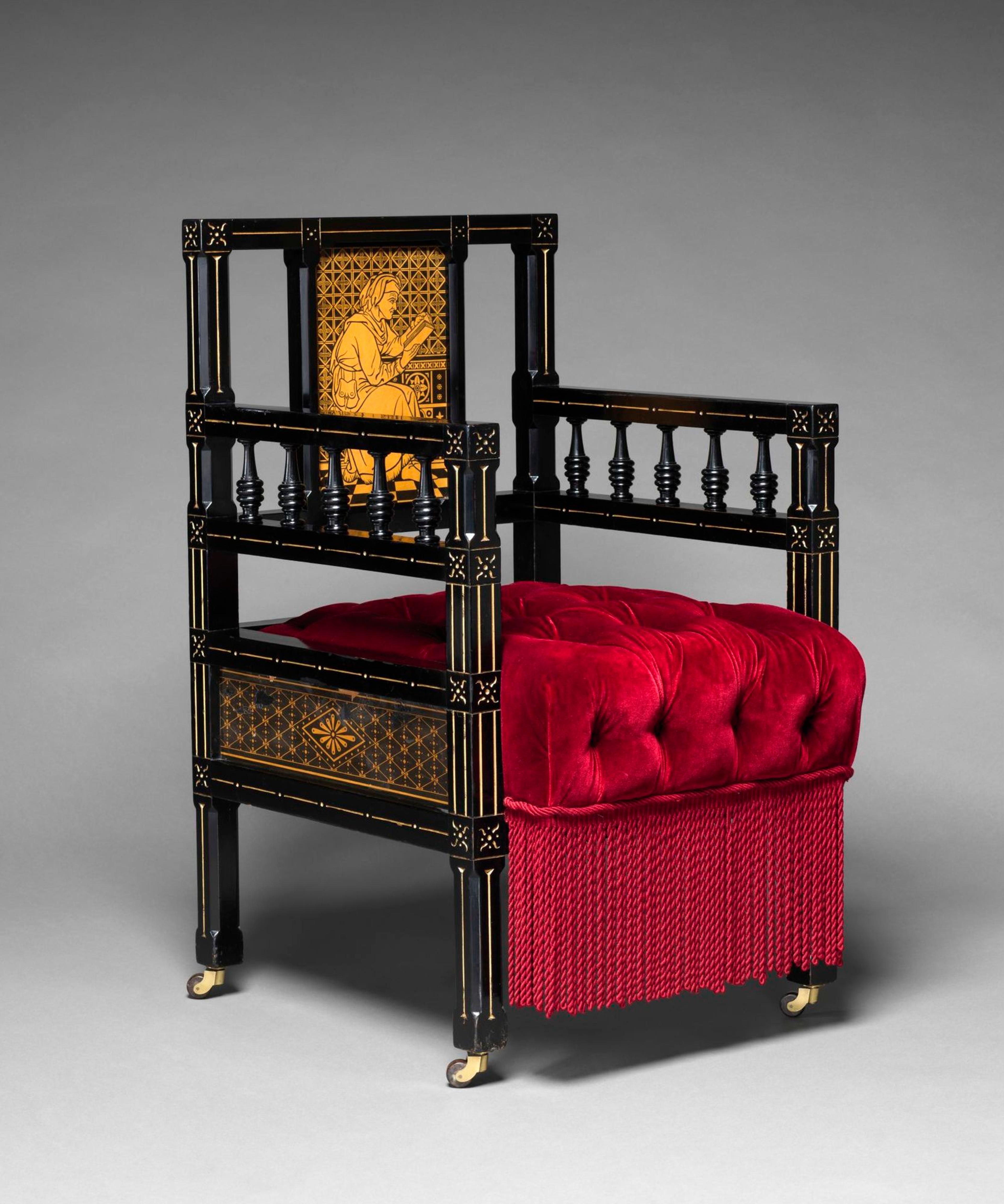 Kimbel and Cabus (New York, 1863–82). Chair, circa 1875. Ebonized cherry, gilding, paper, modern textile, 35 × 201/4 × 241/2 in. (88.9 × 51.43 × 62.2 cm). Metropolitan Museum of Art, New York; Promised Gift of Barrie A. and Deedee Wigmore, L.2019.66.30. © The Metropolitan Museum of Art. (Photo: Art Resource, NY)