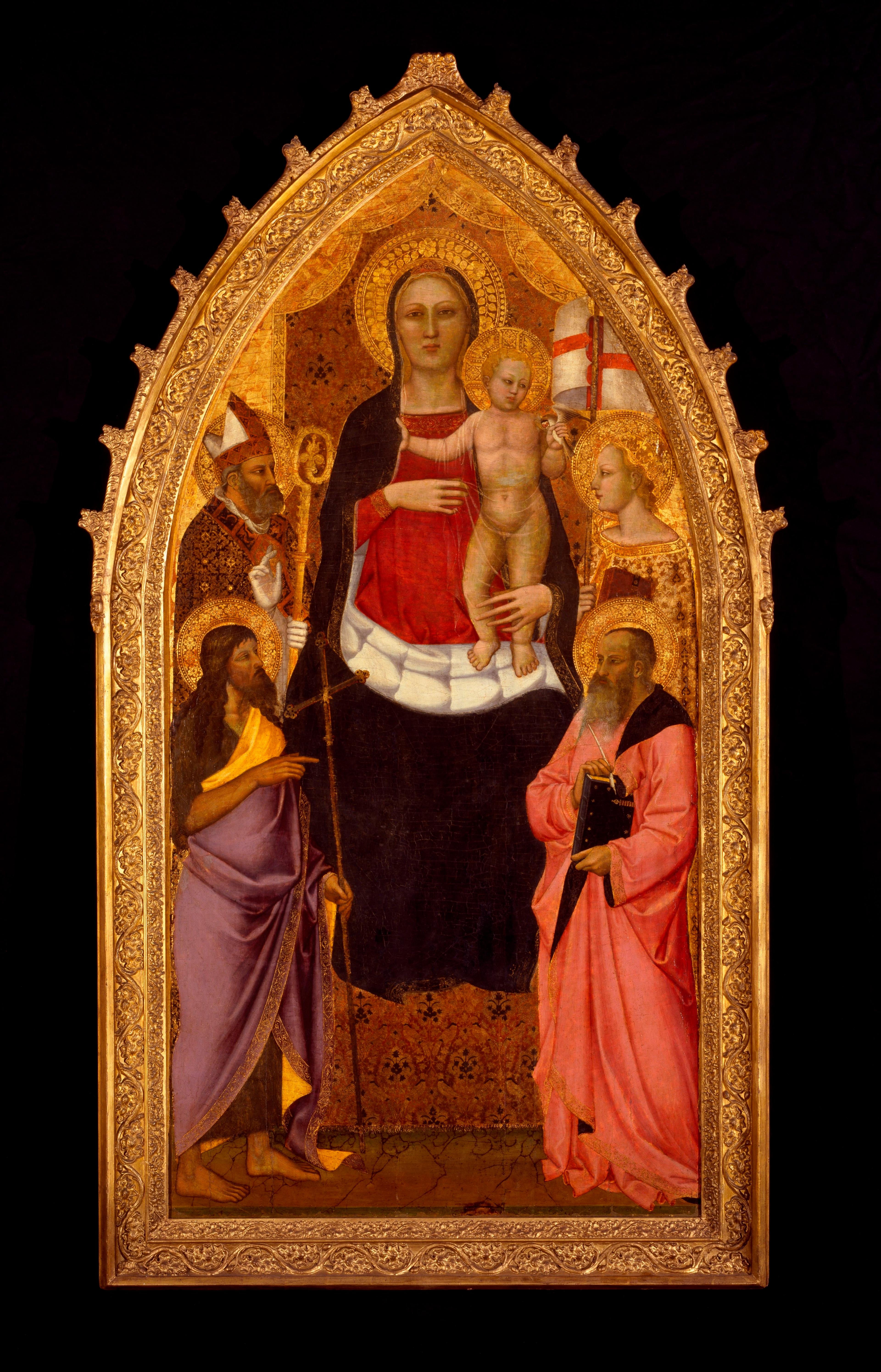 Nardo di Cione (Italian, Florentine, active 1343–1356/1366). Madonna and Child Enthroned with Saints Zenobius, John the Baptist, Reparata, and John the Evangelist, mid-14th century. Tempera and tooled gold on panel, 771⁄2 x 391⁄2 in. (196.9 × 100.3 cm). Brooklyn Museum, Healy Purchase Fund B; Gift of Mrs. S. S. Auchincloss, James A. H. Bell, Mrs. Tunis G. Bergen, Mrs. Arthur Blake, Leonard Block, Mary A. Brackett, Mrs. Charles Bull in memory of Noel Joseph Becar, Sidney Curtis, Mrs. Watson B. Dickerman, Forrest Dryden, the estate of George M. Dunaif, Marion Gans, Francis Gottsberger in memory of his wife, Eliza, bequest of Anne Halstead, Mrs. William H. Haupt, A. Augustus Healy, William H. Herriman, Mrs. Alexander Howe, Julian Clarence Levi, the Martin estate, bequest of Emilie Henriette Mayr in memory of her brother and sister-in-law, Mr. and Mrs. George Mayr, Mrs. Richard Norsam Meade in memory of Margery Moyca Newell, Bernard Palitz, Richman Proskauer, Charles A Schieren, the estate of Isabel Shults, Mr. and Mrs. Daniel H. Silberberg, Austin Wolf, Mrs. Hamilton Wolf, and Mrs. Henry Wolf, by exchange, 1995.2