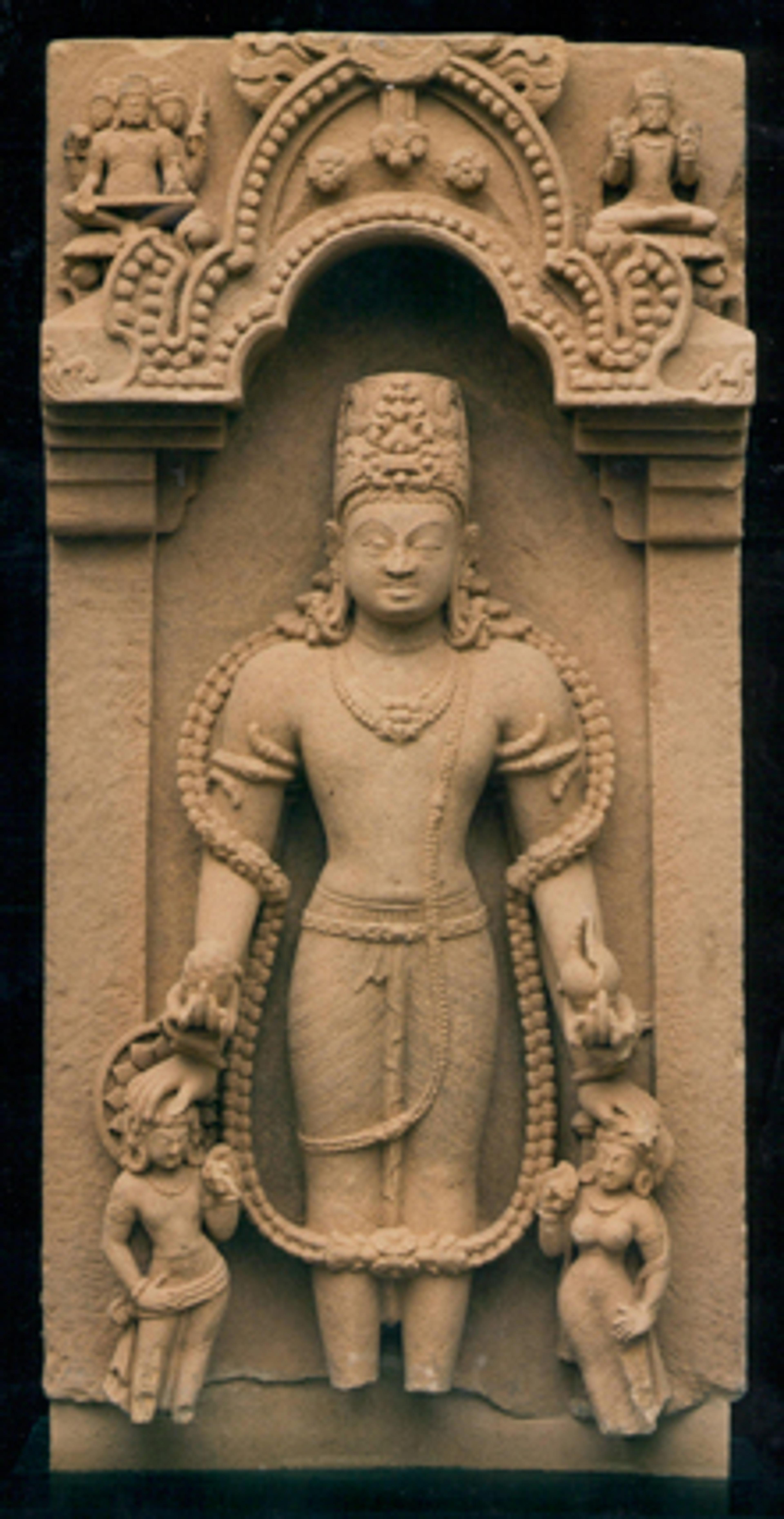 Two-Sided Stele with Vishnu (Flanked by Personified Attributes) and Durga. Northern or Eastern India, circa 7th century. Sandstone, height 431⁄4 in. (110 cm). Private collection