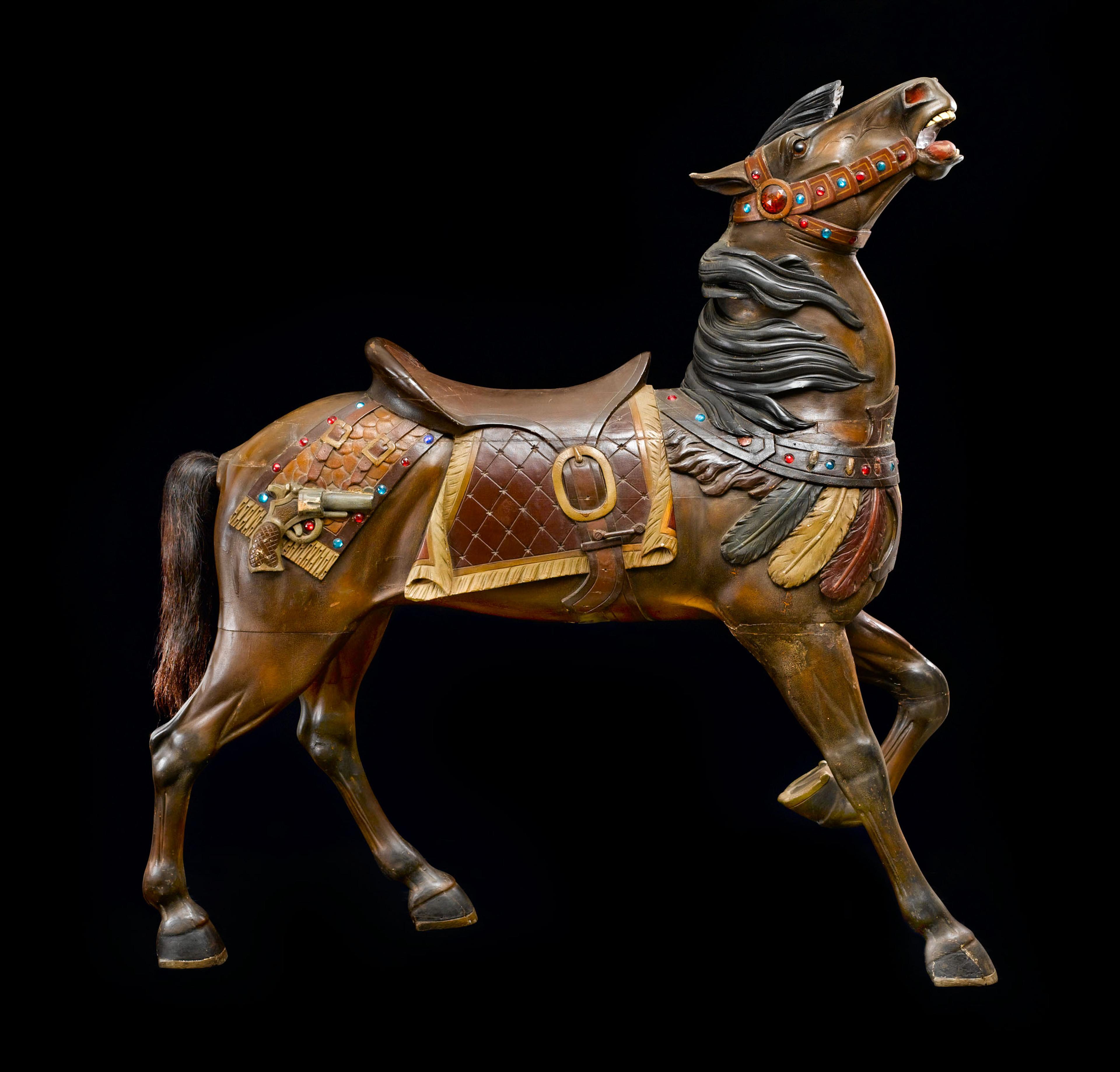 Charles Carmel (American, born Russia, 1865–1931). Carousel Horse with Raised Head, Coney Island, Brooklyn, New York, circa 1914. Paint on wood, jewels, glass eyes, horsehair tail, 62 × 58 × 14 in. (157.5 × 147.3 × 36.6 cm). Collection of American Folk Art Museum, New York; Gift of Laura Harding, 1978.18.2