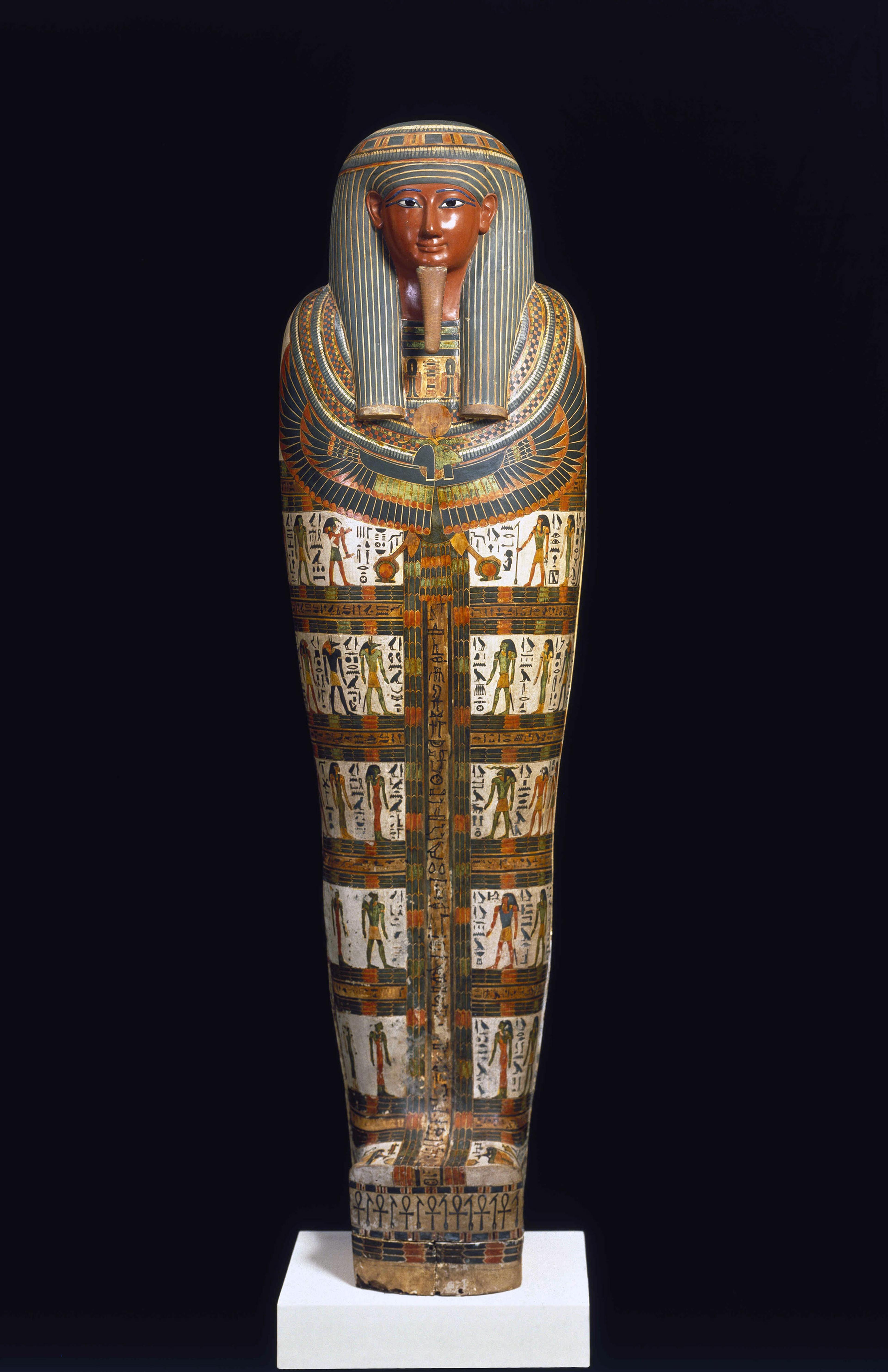 Cartonnage of Nespanetjerenpere. Egypt, probably from Thebes. Third Intermediate Period, Dynasty 22 to early Dynasty 25, circa 945–718 B.C.E. Linen or papyrus mixed with plaster, pigment, glass, lapis lazuli, height: 6911⁄16 in. (177 cm). Brooklyn Museum, Charles Edwin Wilbour Fund, 35.1265