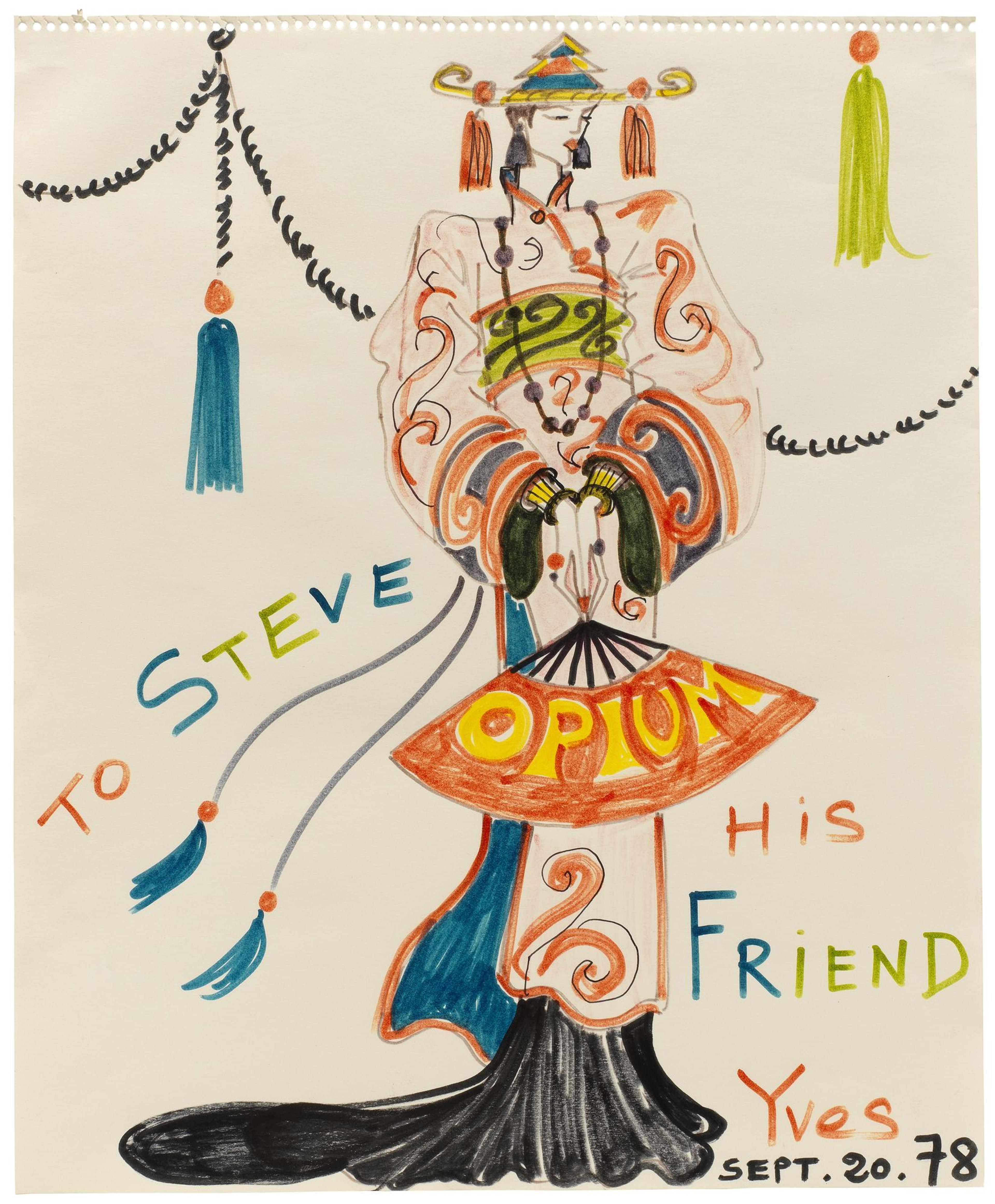 Yves Saint Laurent (French, 1936–2008). Chinese-inspired sketch dedicated to “Steve,” 1978. © Fondation Pierre Bergé – Yves Saint Laurent, Paris