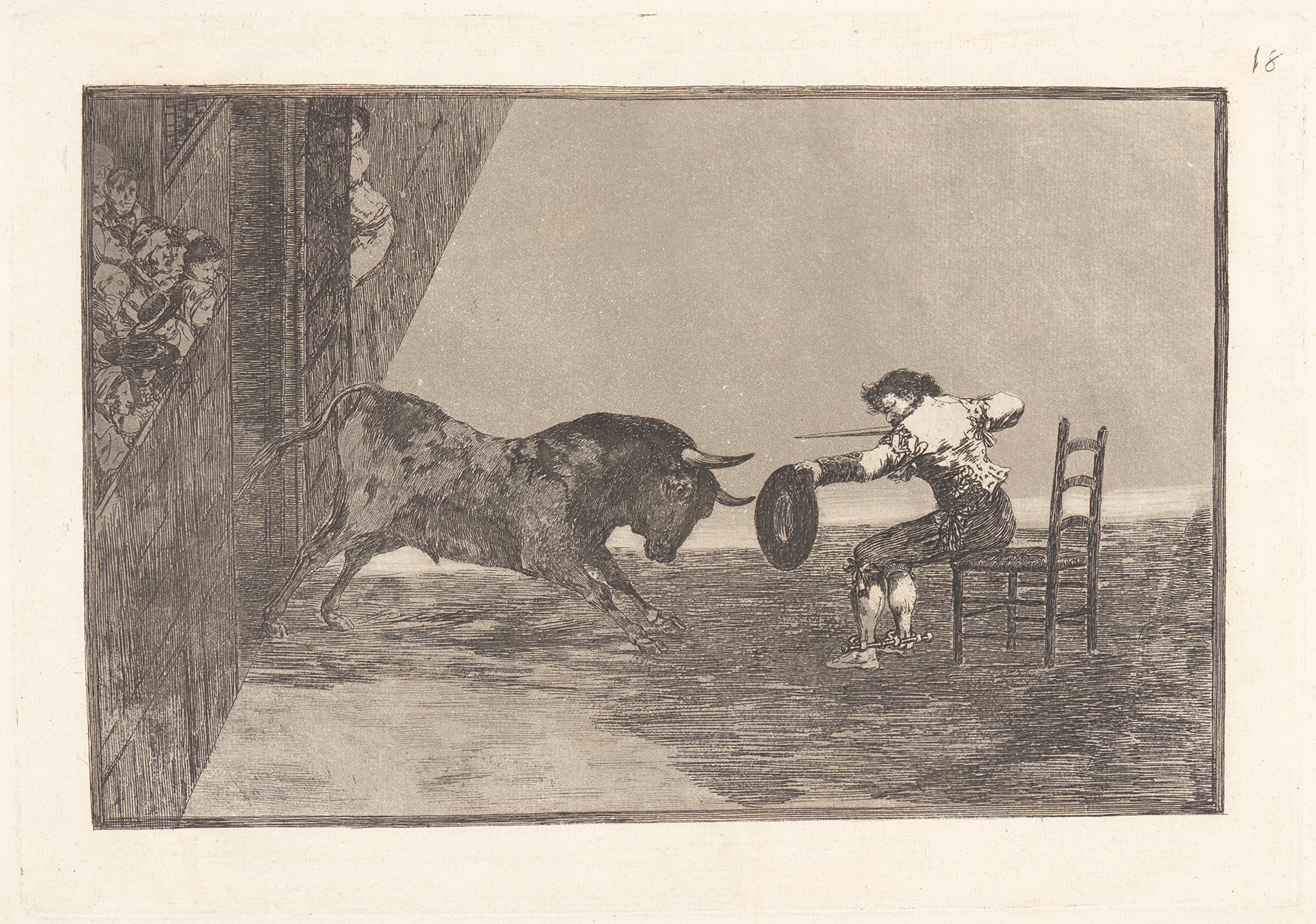 Francisco de Goya y Lucientes (Spanish, 1746–1828). The Daring of Martincho in the Ring at Saragossa (Temeridad de Martincho en la Plaza de Zaragoza), 1816. From The Art of Bullfighting (La Tauromaquía). Etching and aquatint. Davison Art Center, Wesleyan University, Middletown, C.T.; Gift of George W. Davison (B.A. Wesleyan 1892),1949.D3.8.18. Open Access Image from the Davison Art Center, Wesleyan University (Photo: R. Lee)