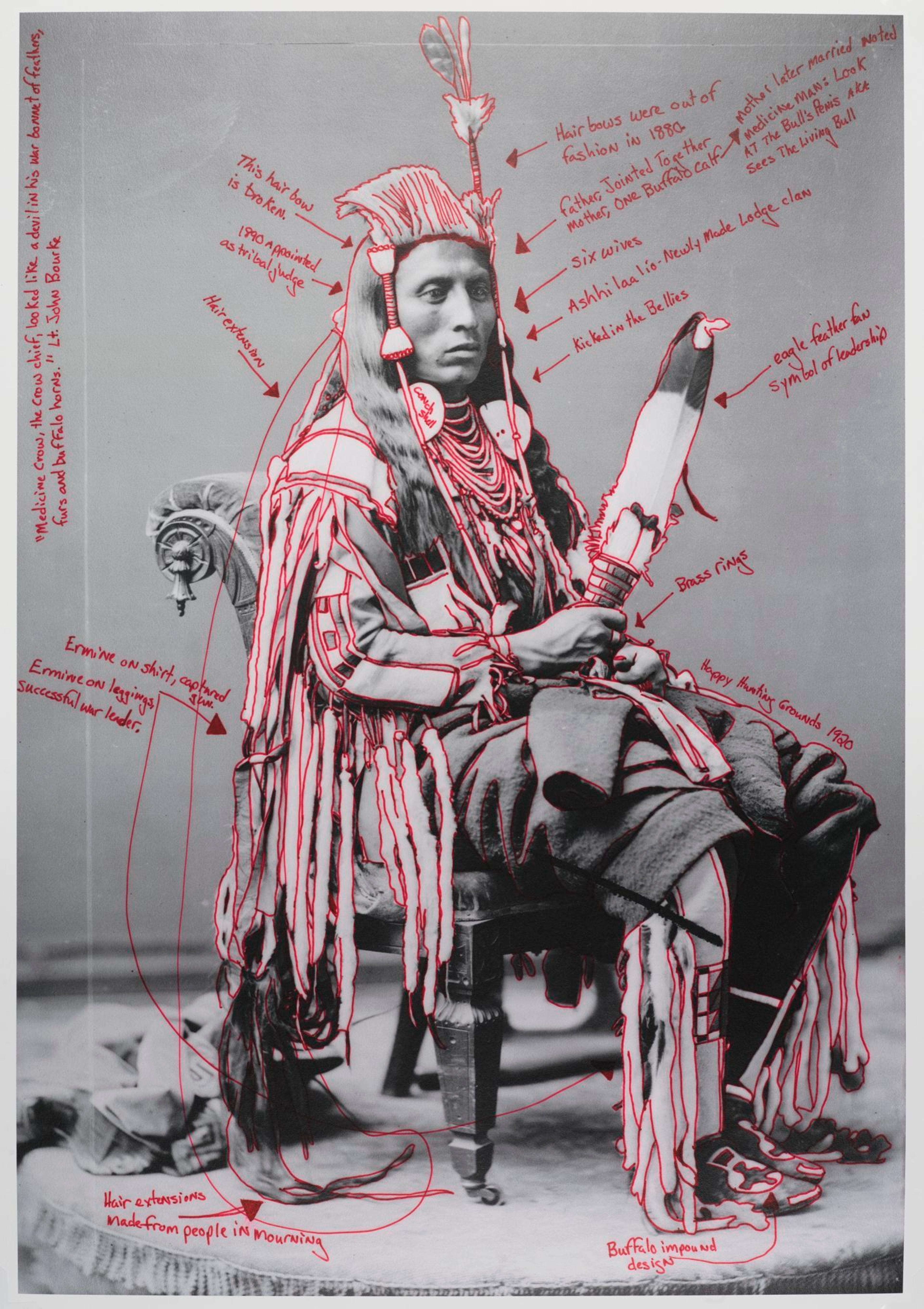 Wendy Red Star (Apsáalooke (Crow), born Billings, Montana, 1981). Peelatchiwaaxpáash / Medicine Crow (Raven) (detail), 2014, from the series 1880 Crow Peace Delegation. Pigment print on paper, from digitally reproduced and artist-manipulated photograph by C.M. (Charles Milton) Bell, National Anthropological Archives, Smithsonian Institution, 25 × 17 in. (63.5 × 43.2 cm). Brooklyn Museum; Elizabeth A. Sackler Center for Feminist Art, Gift of Loren G. Lipson, M.D., TL2018.8.1a–b. © Wendy Red Star. (Photo: Jonathan Dorado, Brooklyn Museum)