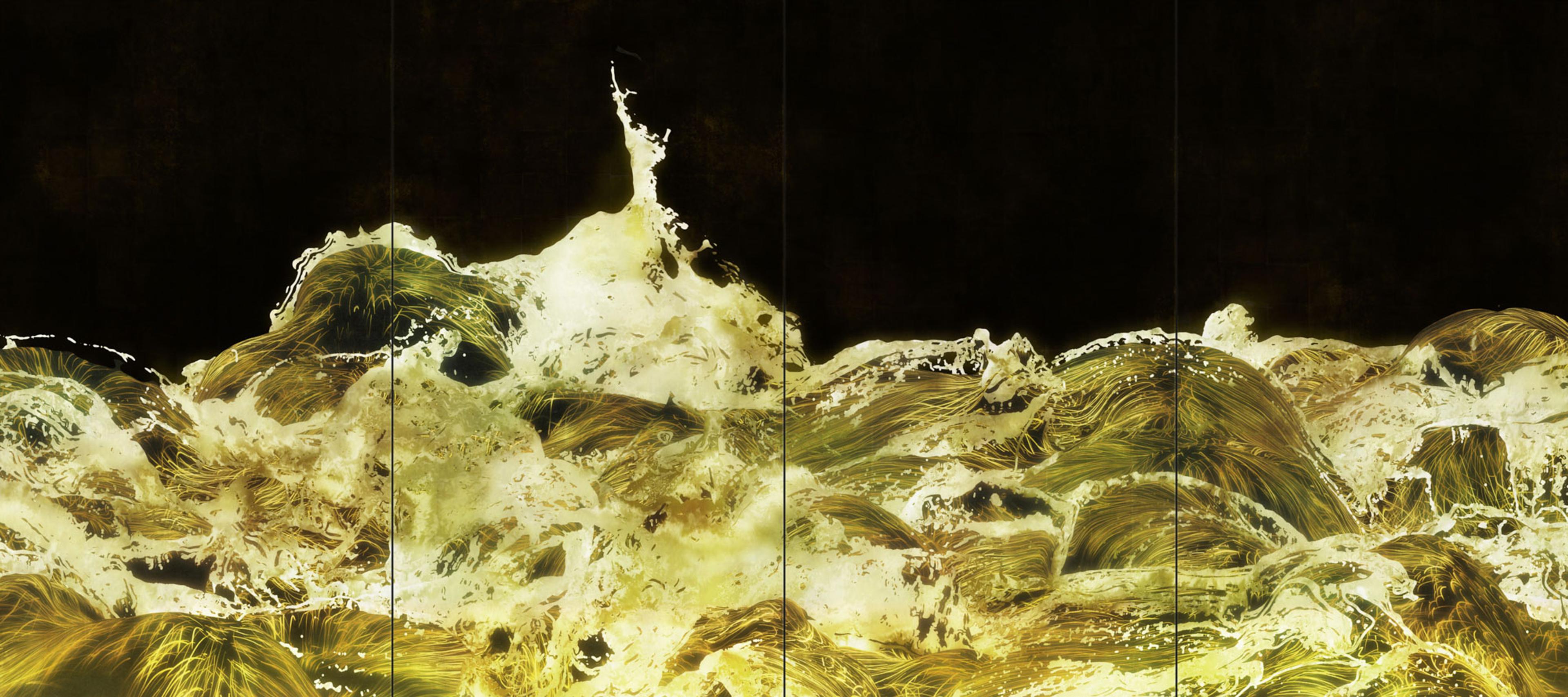 Video still of gold liquid waves against a black background