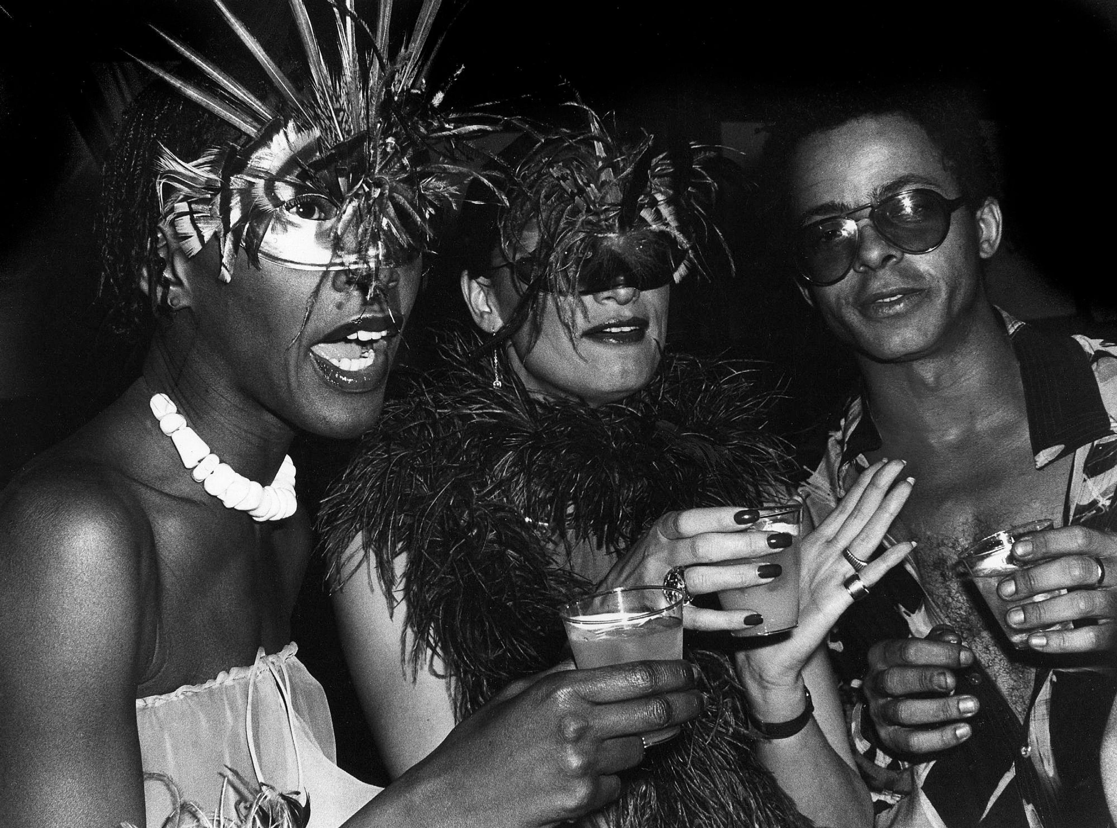 Rose Hartman (American, born 1937). Bethann Hardison, Daniela Morera, and Stephen Burrows at Studio 54, 1978. Black and white photograph. Courtesy of the artist, www.rosehartman.com. © Rose Hartman