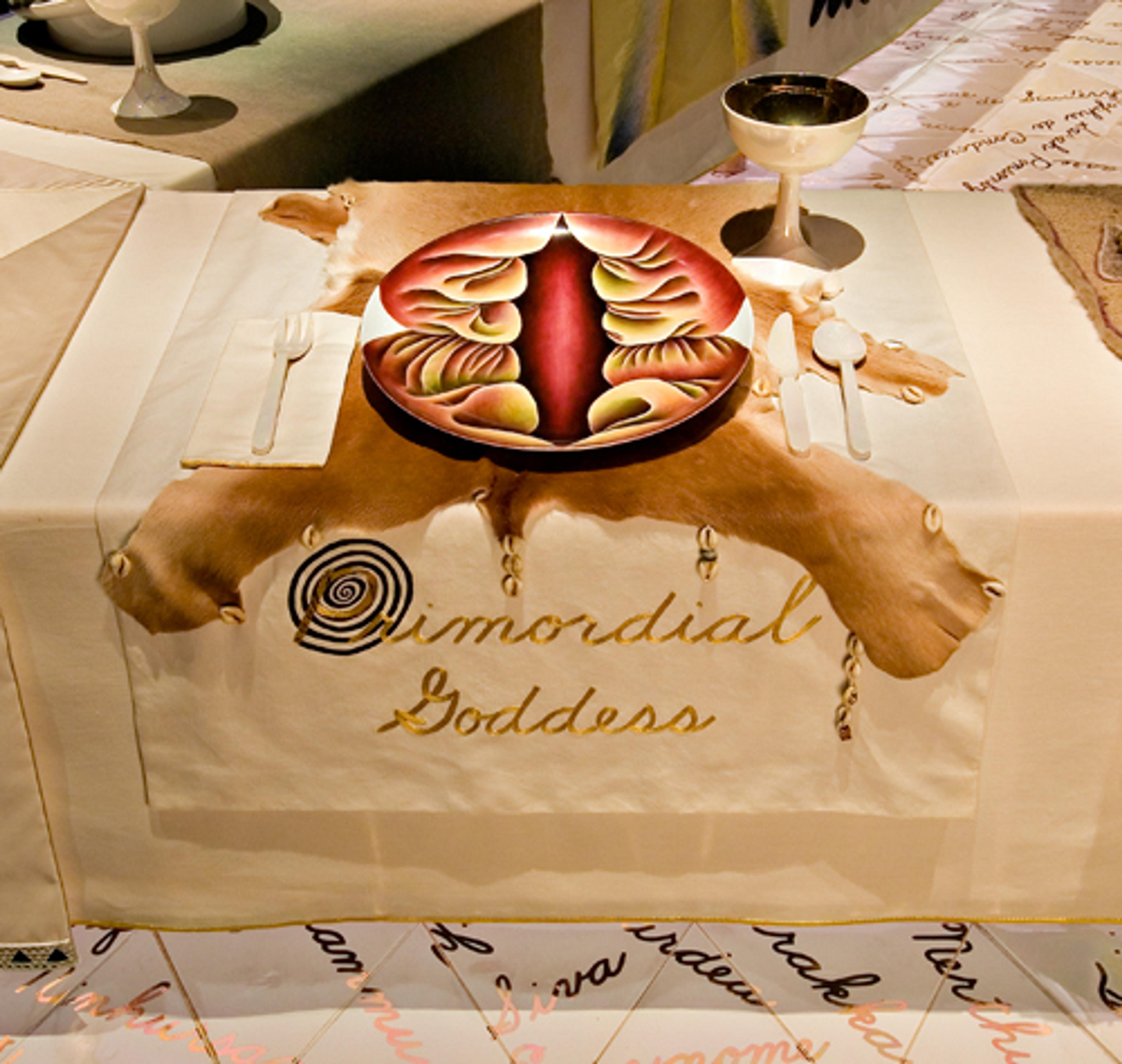 Judy Chicago (American, b. 1939). <i>The Dinner Party (Primordial Goddess place setting)</i>, 1974–79. Mixed media: ceramic, porcelain, textile. Brooklyn Museum, Gift of the Elizabeth A. Sackler Foundation, 2002.10. © Judy Chicago. Photograph by Jook Leung Photography