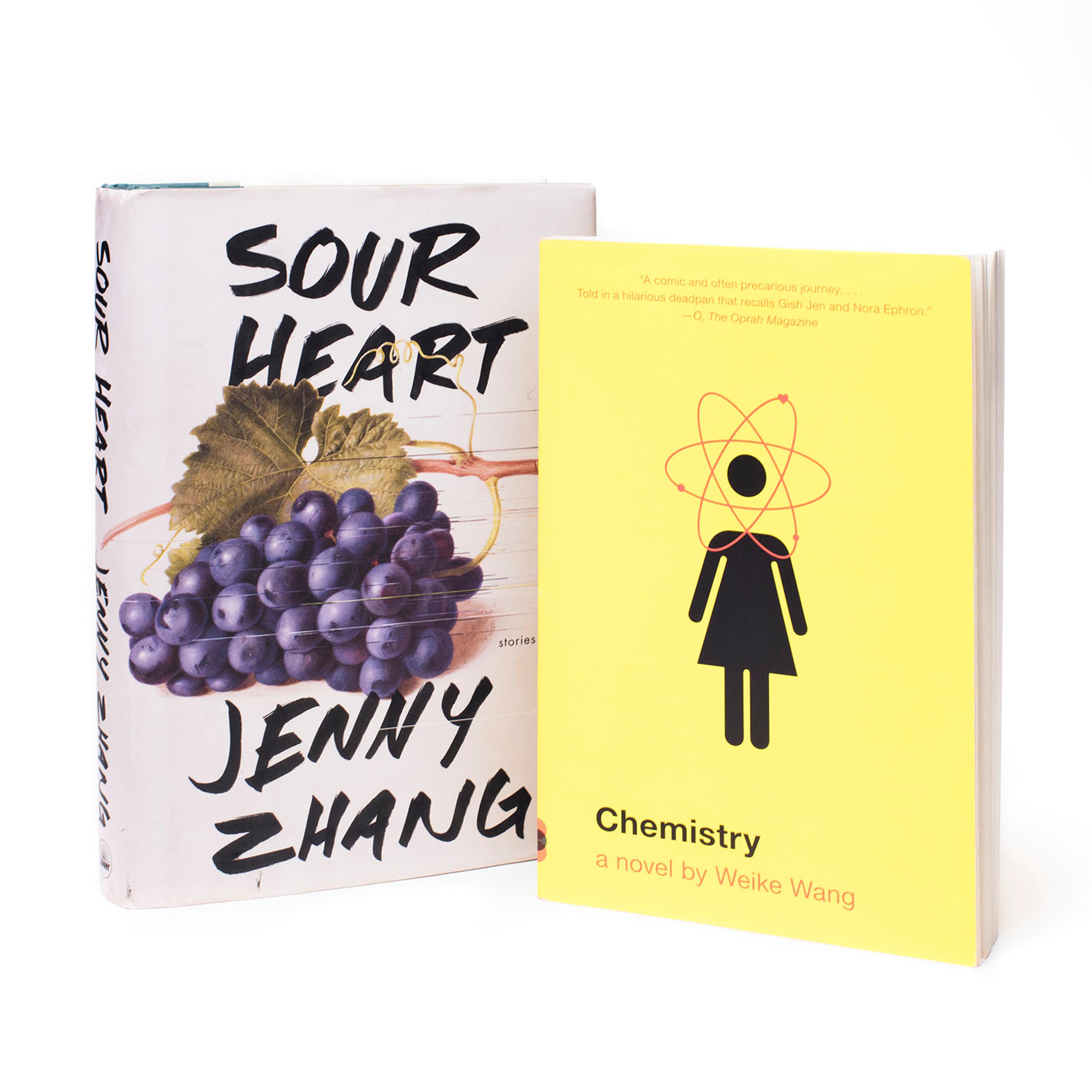 Book covers: Sour Heart, by Jenny Zhang, and Chemistry, by Weike Wang. (Photo: Jonathan Dorado)