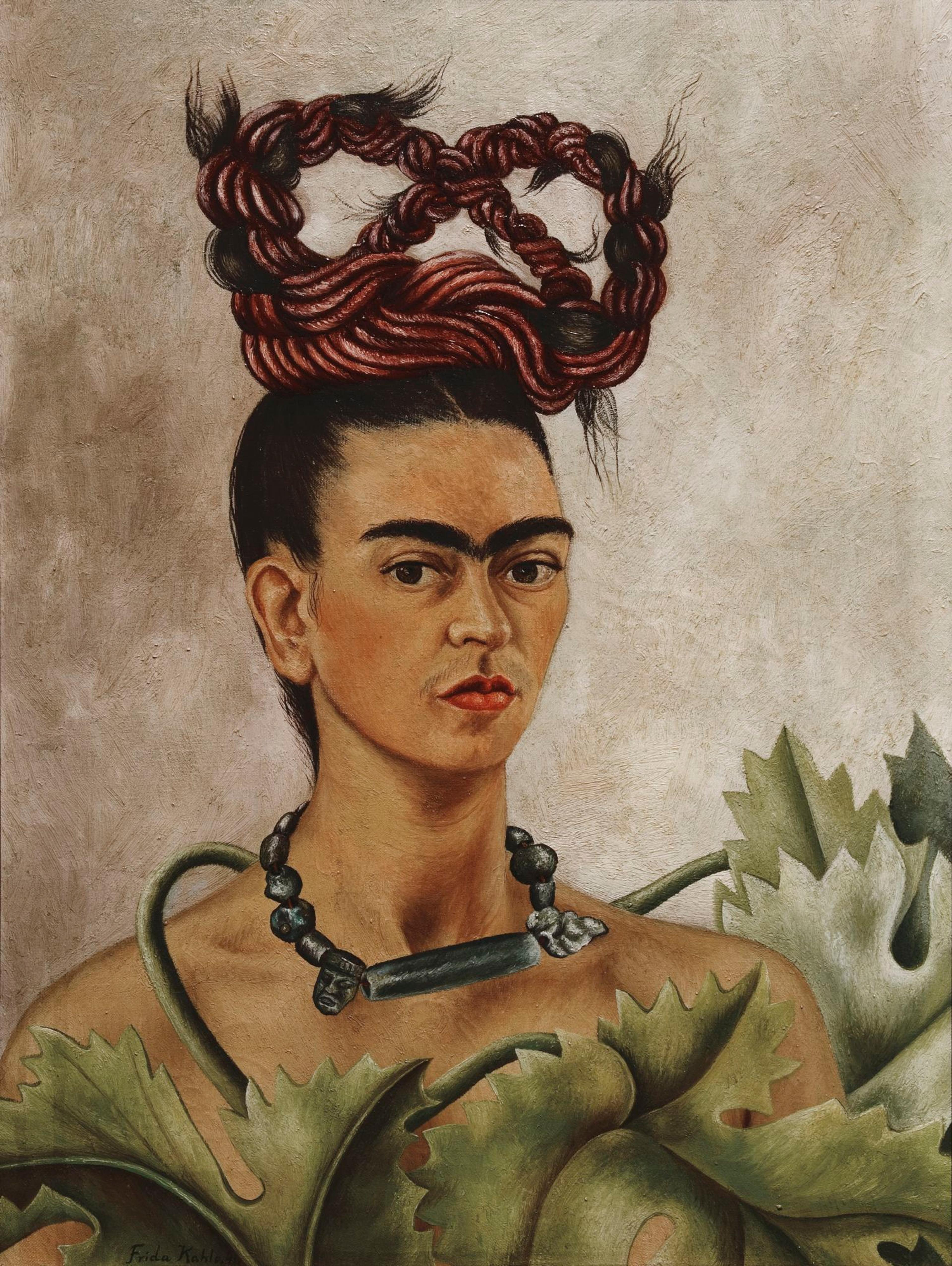 Frida Kahlo (Mexican, 1907–1954). Self-Portrait with Braid, 1941. Oil on hardboard, 20 x 151/4 in. (51 x 38.5 cm). The Jacques and Natasha Gelman Collection of 20th Century Mexican Art and the Vergel Foundation. © 2019 Banco de México Diego Rivera Frida Kahlo Museums Trust, Mexico, D.F. / Artists Rights Society (ARS), New York