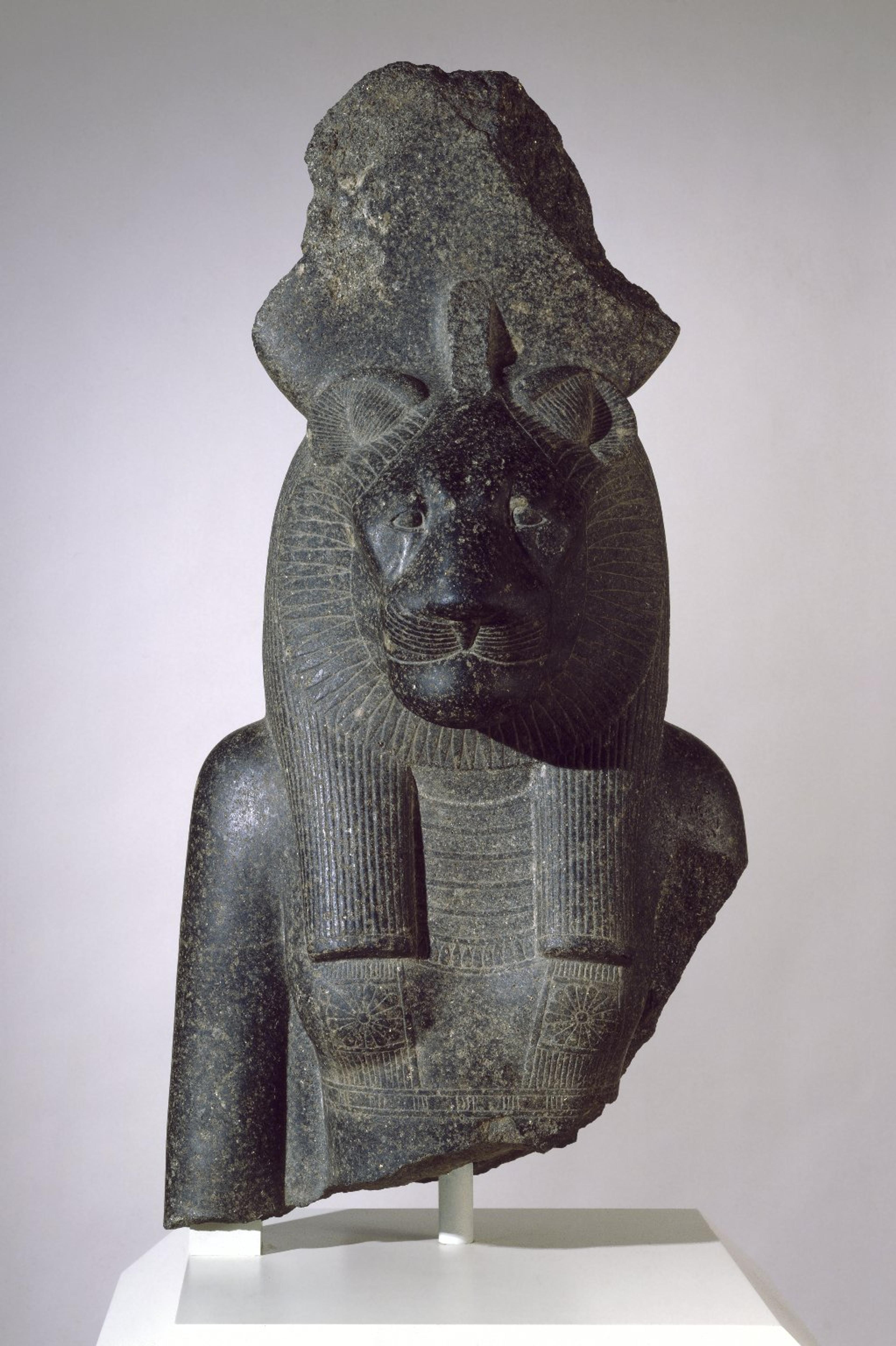 Bust of the Goddess Sakhmet. Egypt, from Thebes. New Kingdom, Dynasty 18, reign of Amunhotep III, circa 1390–1352 B.C.E. Granodiorite, 39 × 197⁄8 x 159⁄16 in. (99 × 50.5 × 39.5 cm). Brooklyn Museum, Gift of Dr. and Mrs. W. Benson Harer, Jr. in honor of Richard Fazzini and the excavations of the Temple of Mut in South Karnak; the Mary Smith Dorward Fund; and the Charles Edwin Wilbour Fund, 1991.311