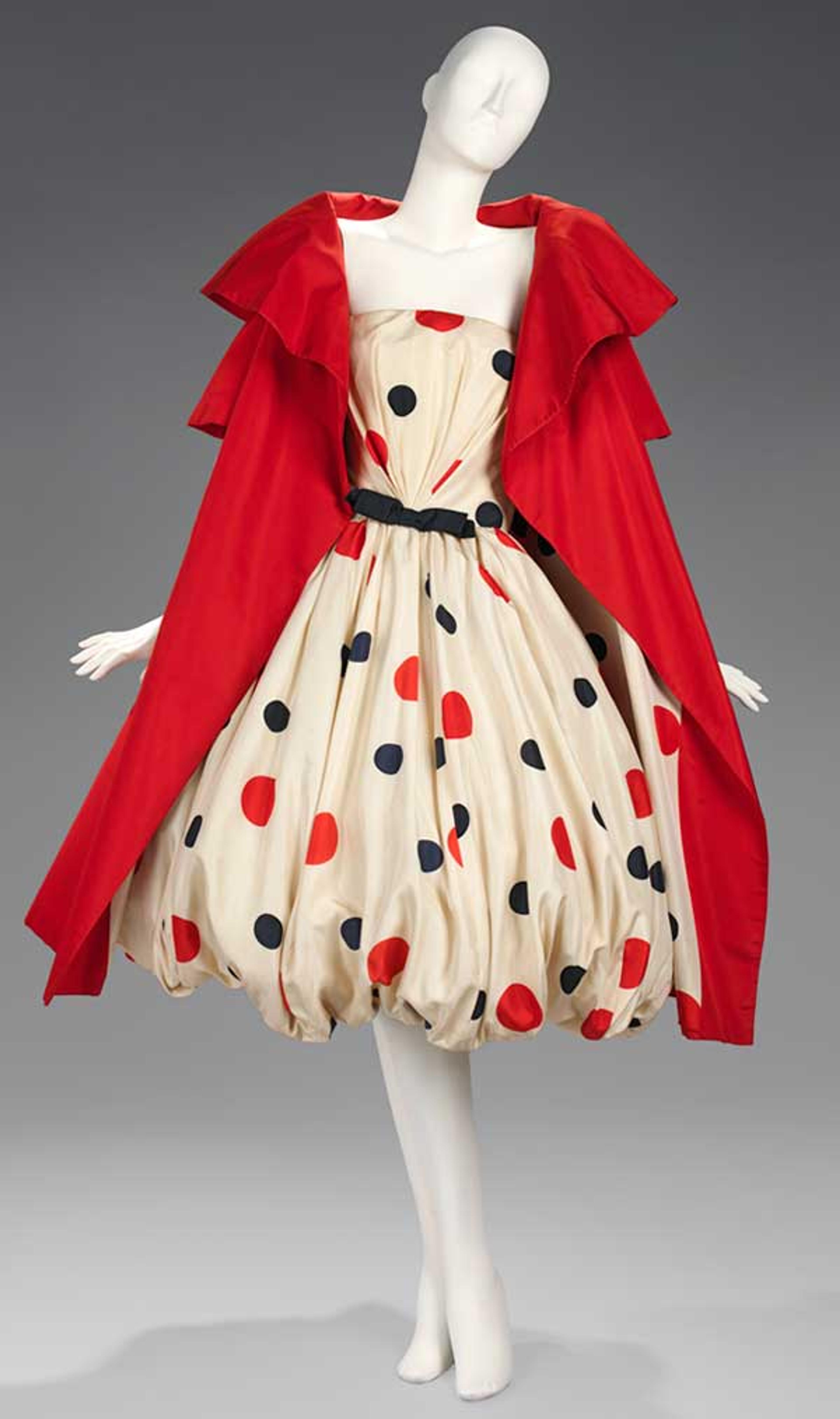 Arnold Scaasi (American, born Canada, 1931). Evening Ensemble, 1961. Cream silk satin printed with red and black polka dots, red barathea. Brooklyn Museum Costume Collection at The Metropolitan Museum of Art, Gift of the Brooklyn Museum, 2009; Gift of Kay Kerr, 1965 (2009.300.391a–b)