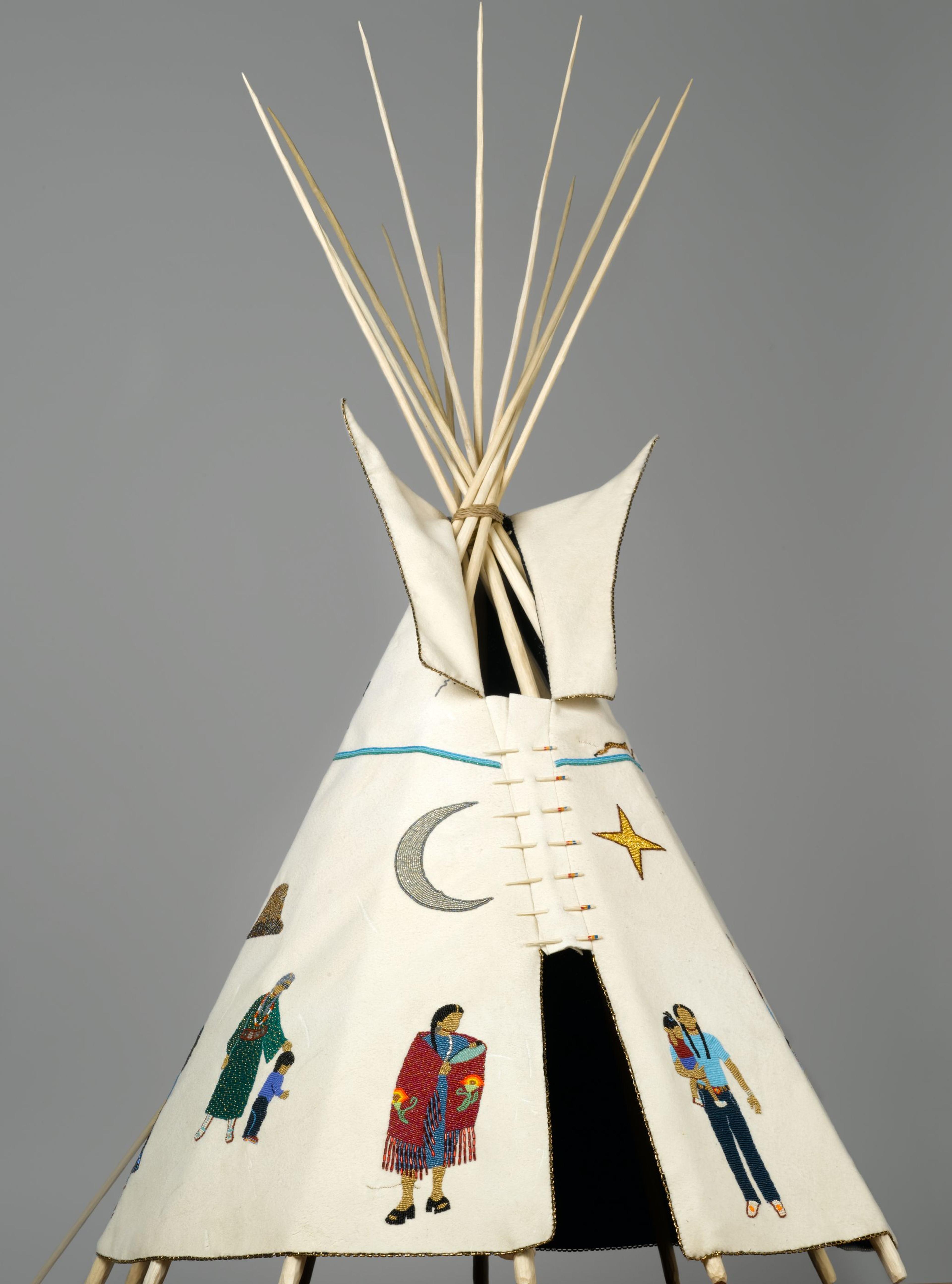 Teri Greeves (Kiowa, born 1970). 21st Century Traditional: Beaded Tipi, 2010. Brain-tanned deer hide, charlotte-cut glass beads, seed beads, bugle beads, glass beads, sterling silver beads, pearls, shell, raw diamonds, hand-stamped sterling silver disks, hand-stamped copper disk, cotton cloth, nylon “sinew” rope, wood (pine, poplar, bubinga), 46 × 29 × 321/2 in. (116.8 × 73.7 × 82.6 cm). Brooklyn Museum; Florence B. and Carl L. Selden Fund, 2008.28. Creative Commons-BY. (Photo: Brooklyn Museum)