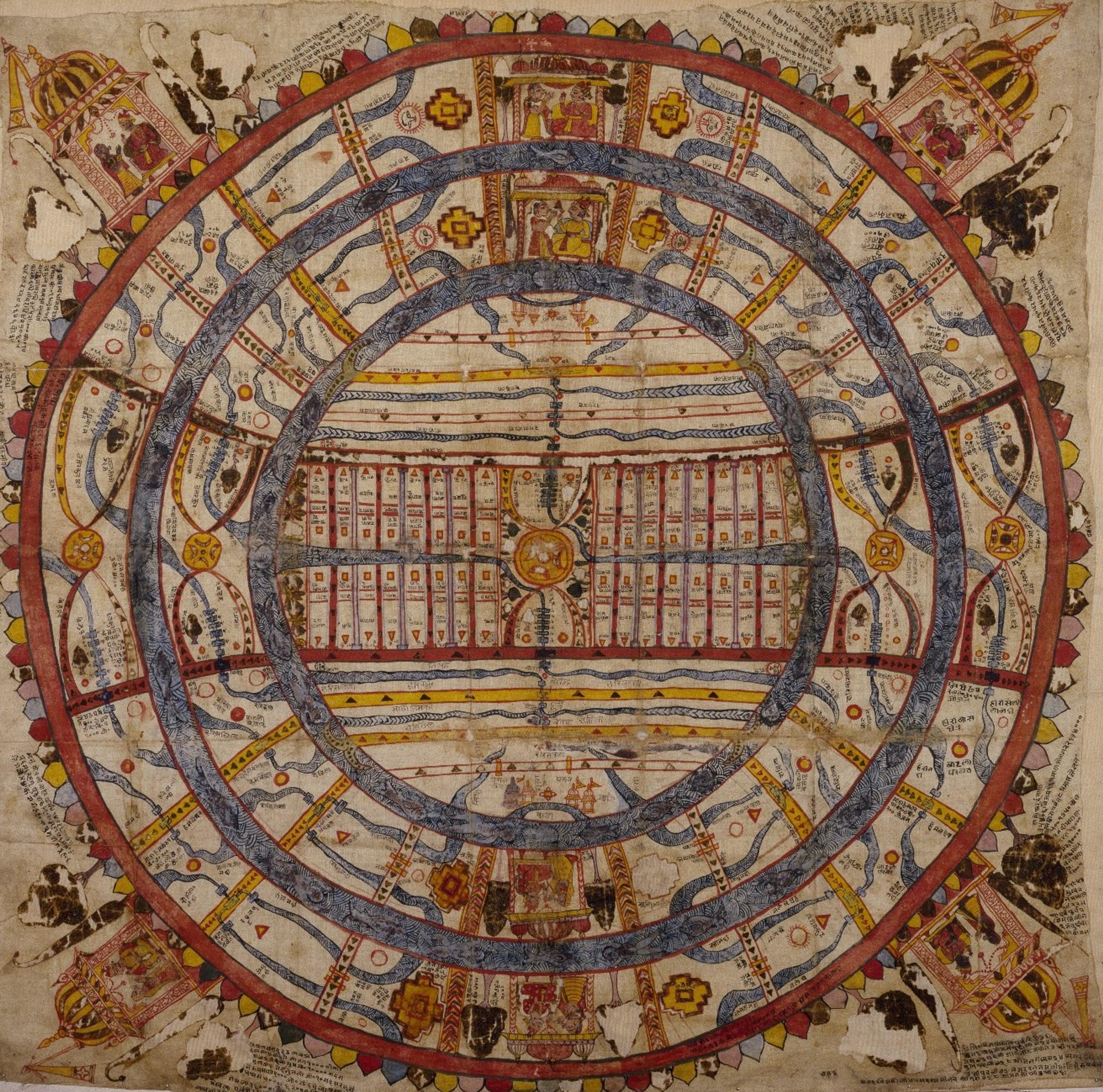 Cosmic Diagram, 18th century. Western India (Gujarat or Rajasthan). Opaque watercolors on cotton; sheet, 351⁄2 x 36 in. (90.2 × 91.4 cm). Brooklyn Museum; Brooklyn Museum Collection, X899.1