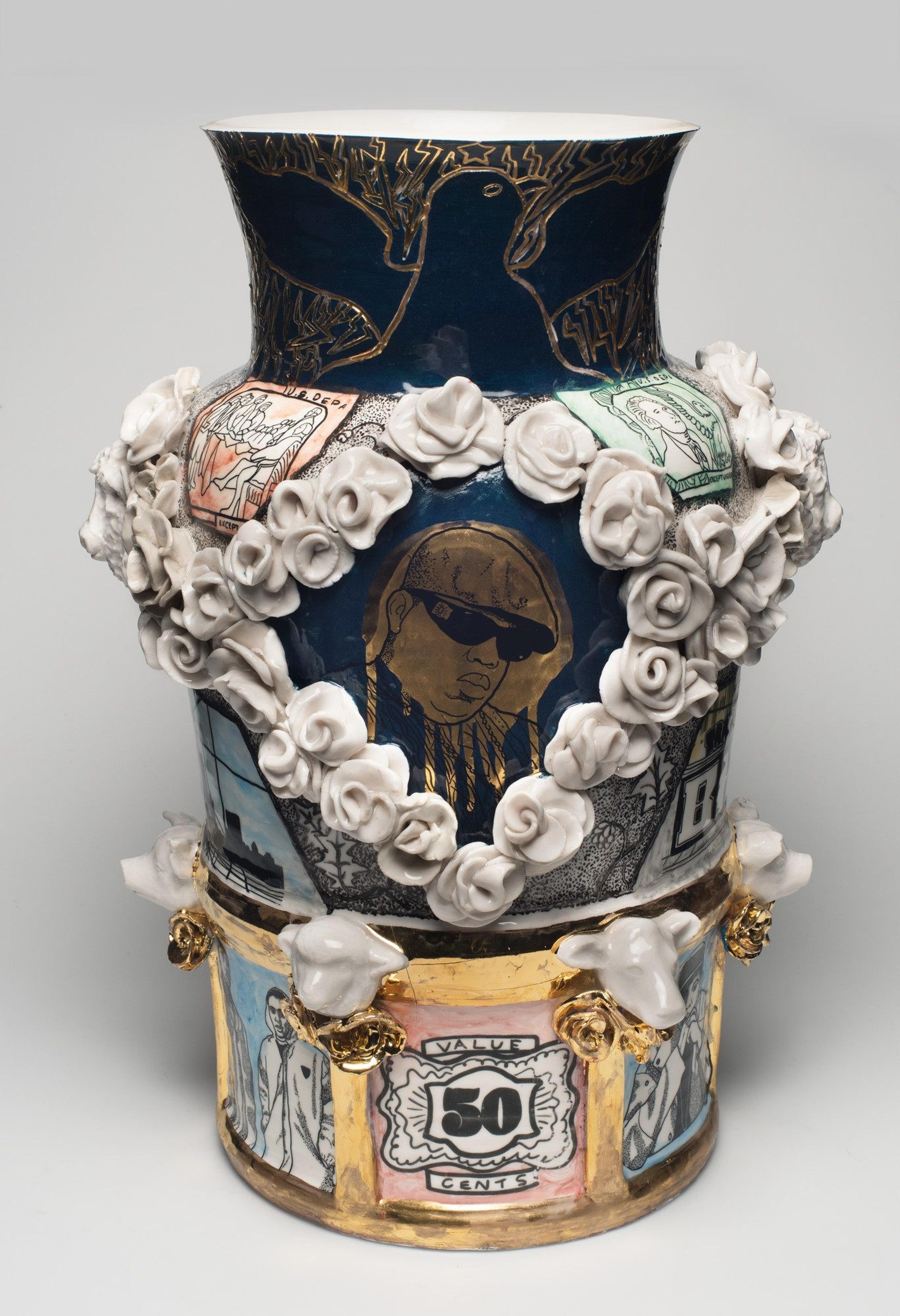 Roberto Lugo (American, born 1981). Brooklyn Century Vase, 2019. Porcelain, china paint, 181/4 × 13 × 13 in. (46.4 × 33 × 33 cm). Purchased in memory of Dr. Barry R. Harwood, Curator of Decorative Arts at the Brooklyn Museum, 1988–2018; H. Randolph Lever Fund, 2019.34. © Roberto Lugo. (Photo: Brooklyn Museum)