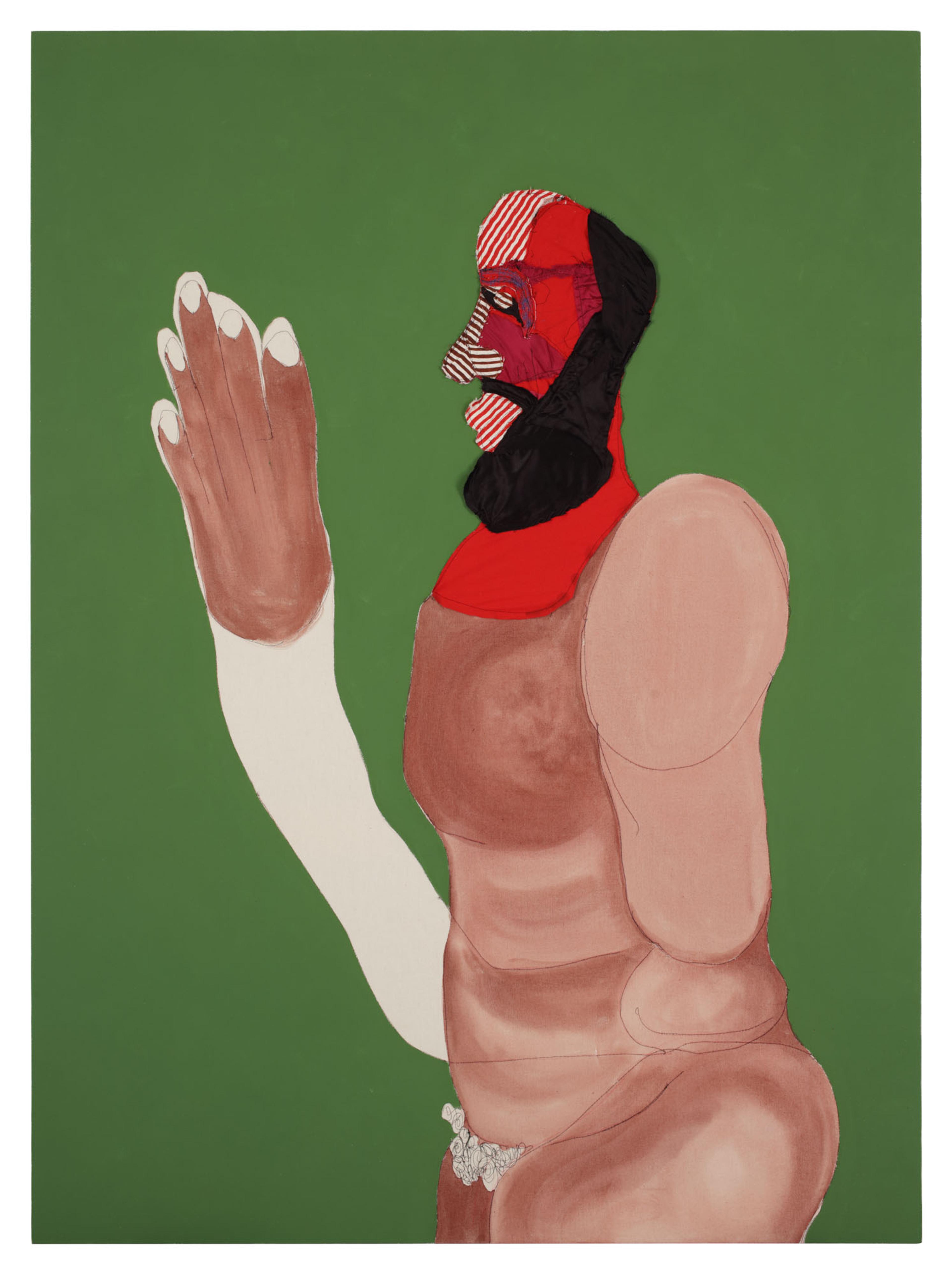 A stylized portrait of a bearded figure with a fragmented red and black face