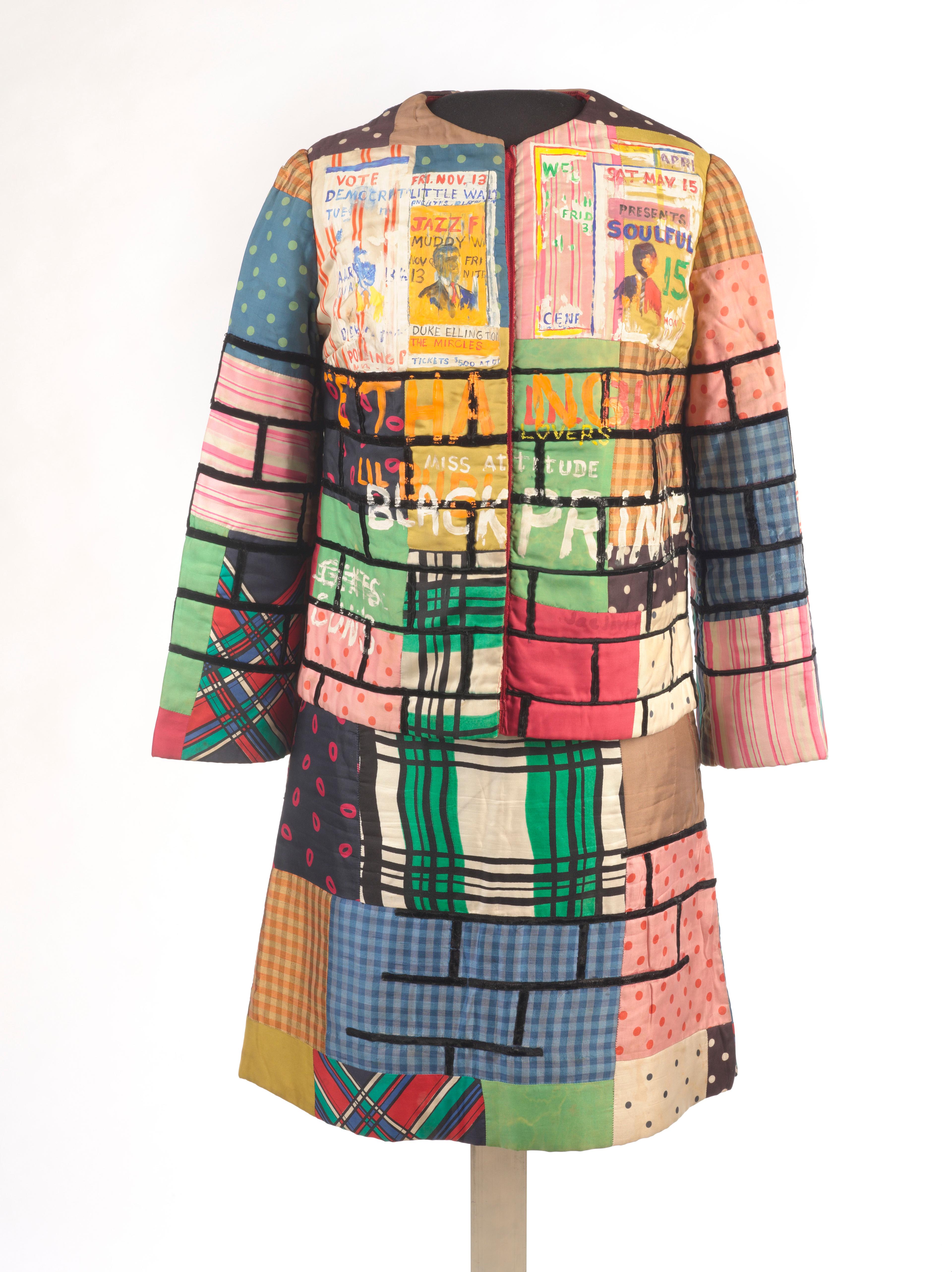 Jae Jarrell (American, b. 1935). Urban Wall Suit, circa 1969. Dyed and printed silk with paint, 38 × 21 × 10 (96.5 × 53.3 × 25.4 cm). Brooklyn Museum, Gift of R. M. Atwater, Anna Wolfrom Dove, Alice Fiebiger, Joseph Fiebiger, Belle Campbell Harriss, and Emma L. Hyde, by exchange; Designated Purchase Fund, Mary Smith Dorward Fund, Dick S. Ramsay Fund, and Carll H. de Silver Fund, 2012.80.16. © Jae Jarrell