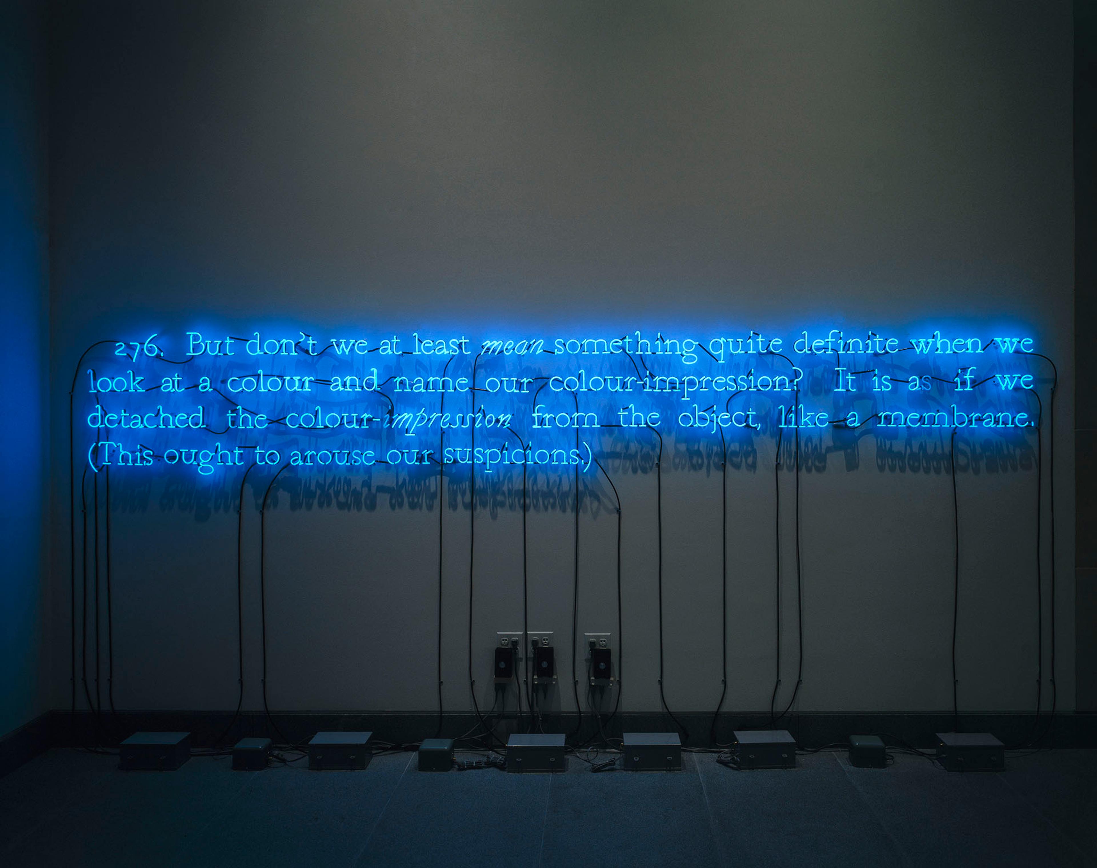 Joseph Kosuth (American, born 1945). 276 (On Color Blue), 1993. Neon tubing, transformer, and electrical wires, 30 x 162 in. (76.2 x 411.48 cm). Brooklyn Museum; Mary Smith Dorward Fund, 1992.215. © 2016 Joseph Kosuth / Artists Rights Society (ARS), New York. (Photo: Brooklyn Museum)