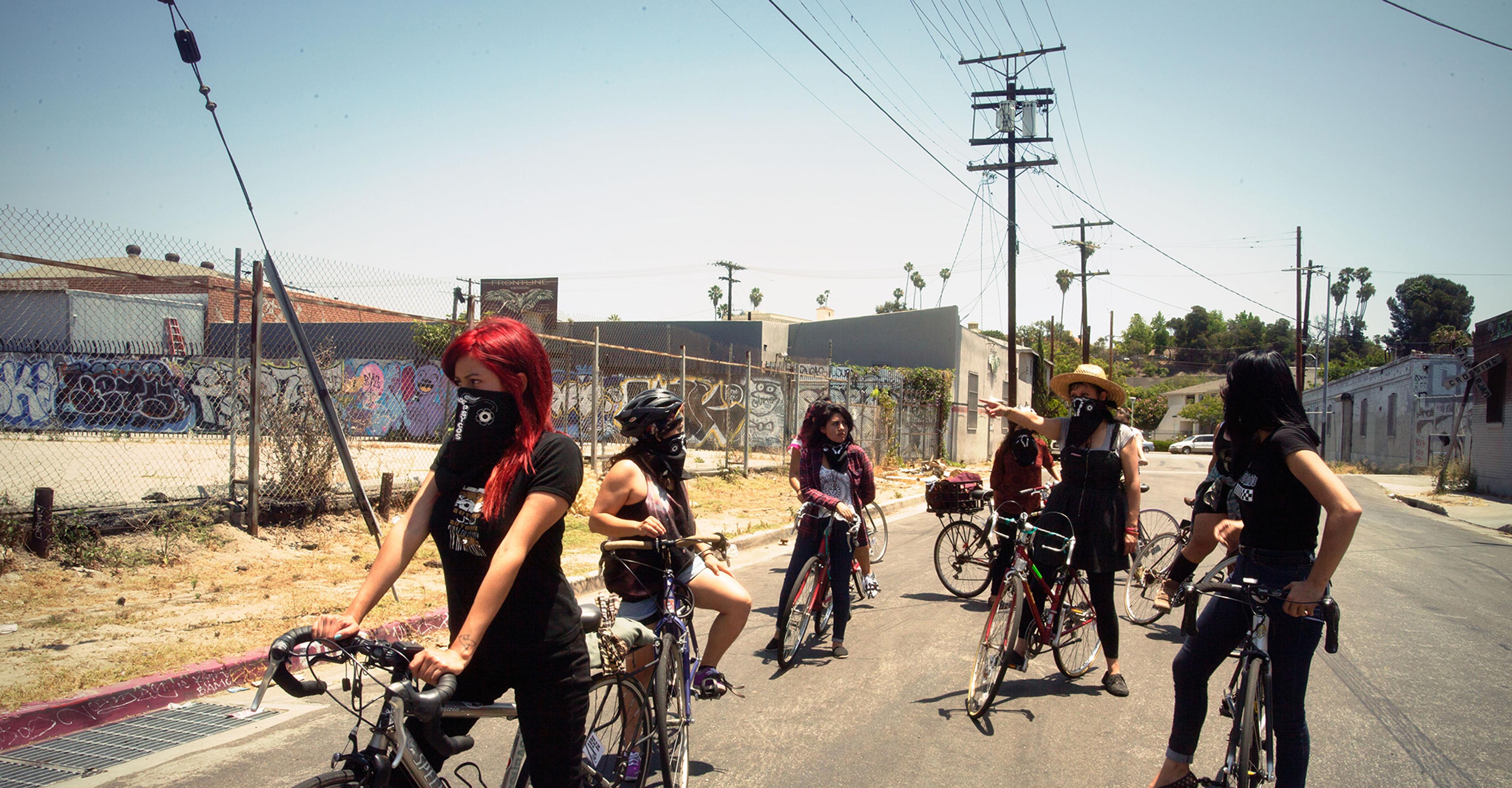 The Ovarian Psycos Cycle Brigade, still from Ovarian Psycos (Joanna Sokolowski and Kate Trumbull-LaValle, 2016, 72 min.). (Photo: Michael Raines, provided by Sylvia Frances Films)