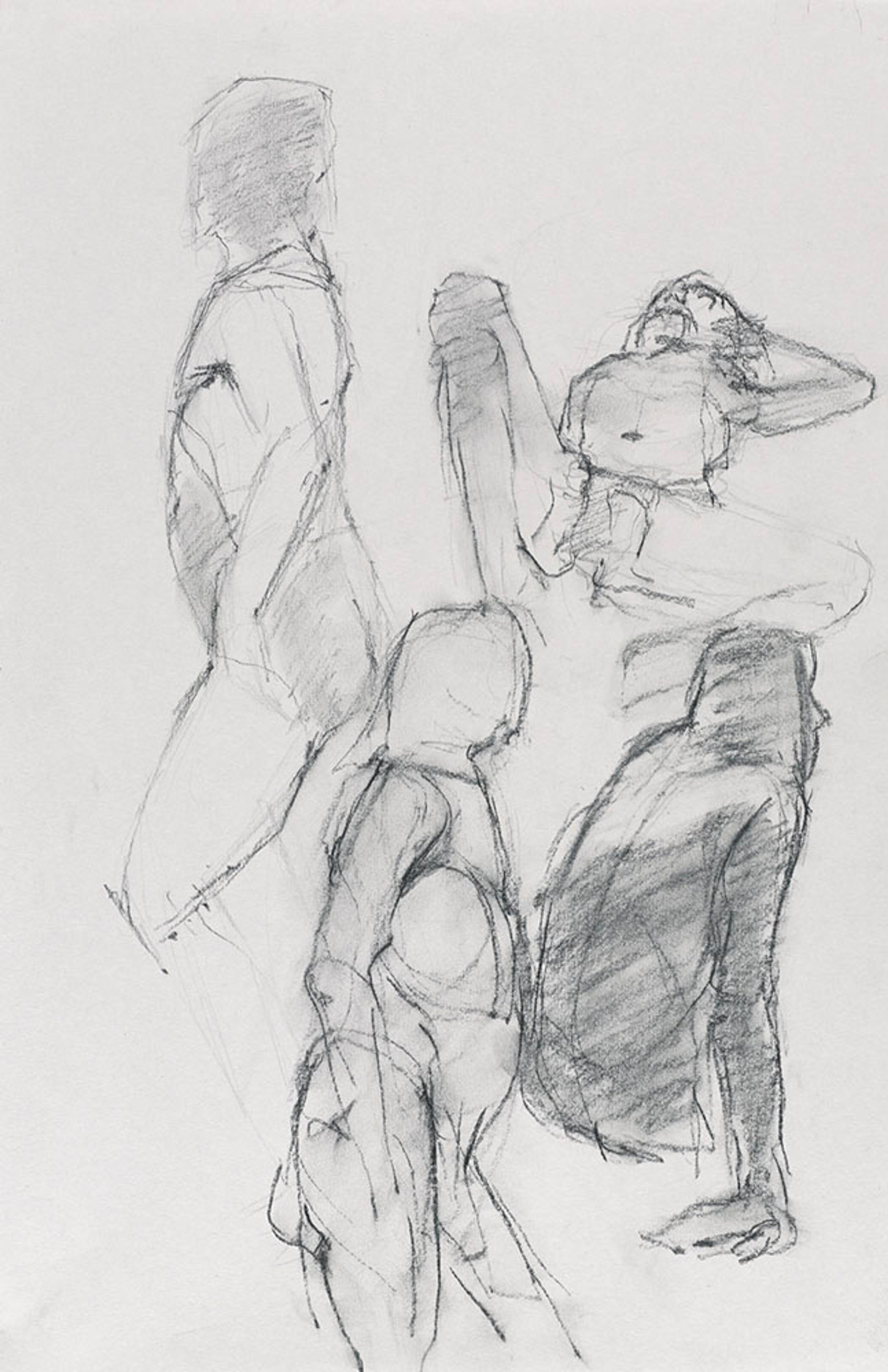 Jeanette Farrow. Untitled (Four poses: Standing, view from left; lying; standing, view from right; and sitting), from Iggy Pop Life Class by Jeremy Deller, 2016. Compressed charcoal over graphite pencil on paper, 17 x 11 in. (43.2 x 27.9 cm). Brooklyn Museum Collection, TL2016.8.2a. (Photo: Sarah DeSantis, Brooklyn Museum)