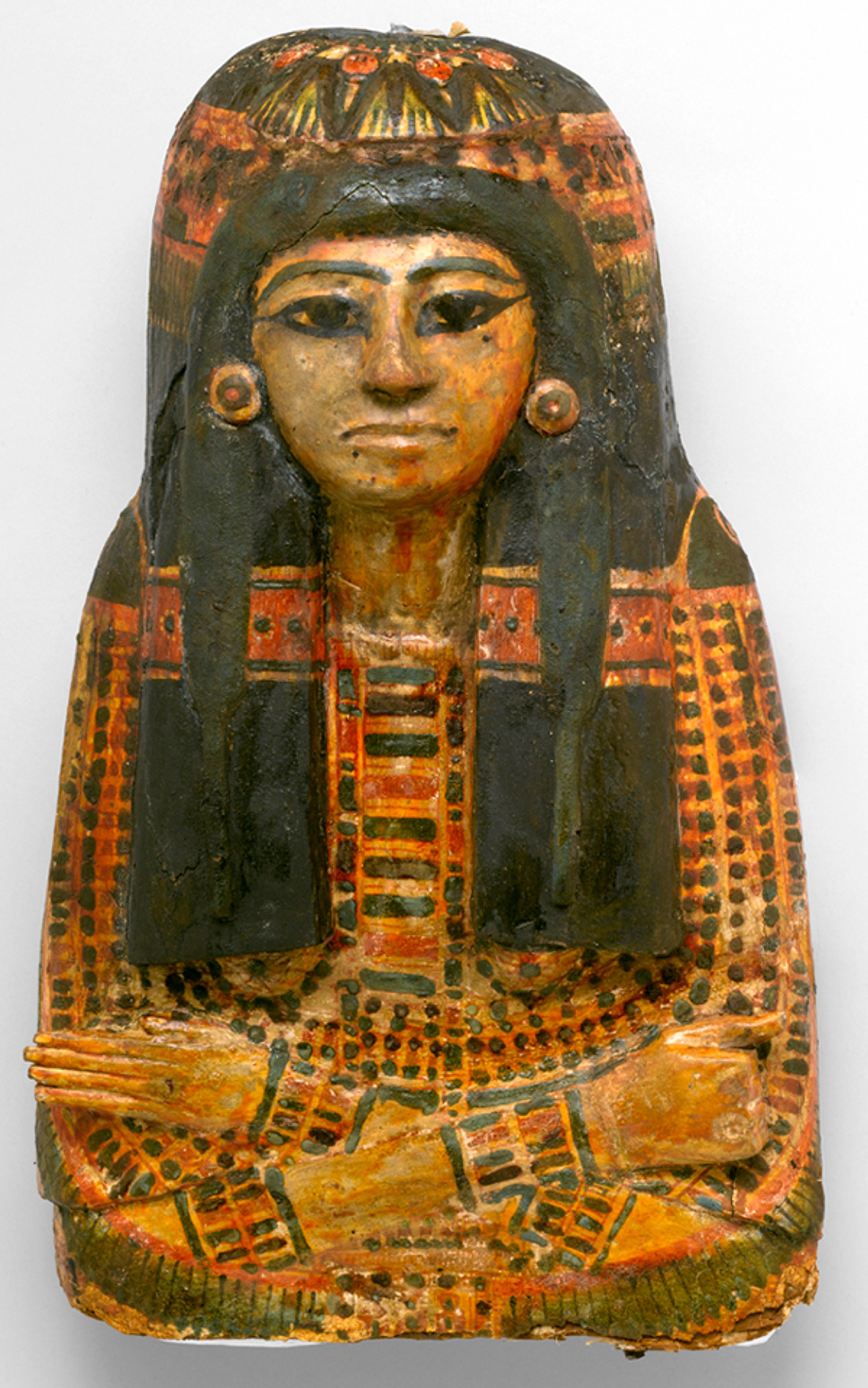 Coffin of the Lady of the House, Weretwahset, Reinscribed for Bensuipet with Mask and Body Cover. Egypt, from Deir el-Medina. New Kingdom, early Dynasty 19, circa 1292–1190 B.C.E. Wood, cartonnage, painted, box with lid in place: 253⁄8 x 1911⁄16 x 763⁄16 in. (64.5 × 50 × 193.5 cm). Brooklyn Museum, Charles Edwin Wilbour Fund, 37.47Ea–d