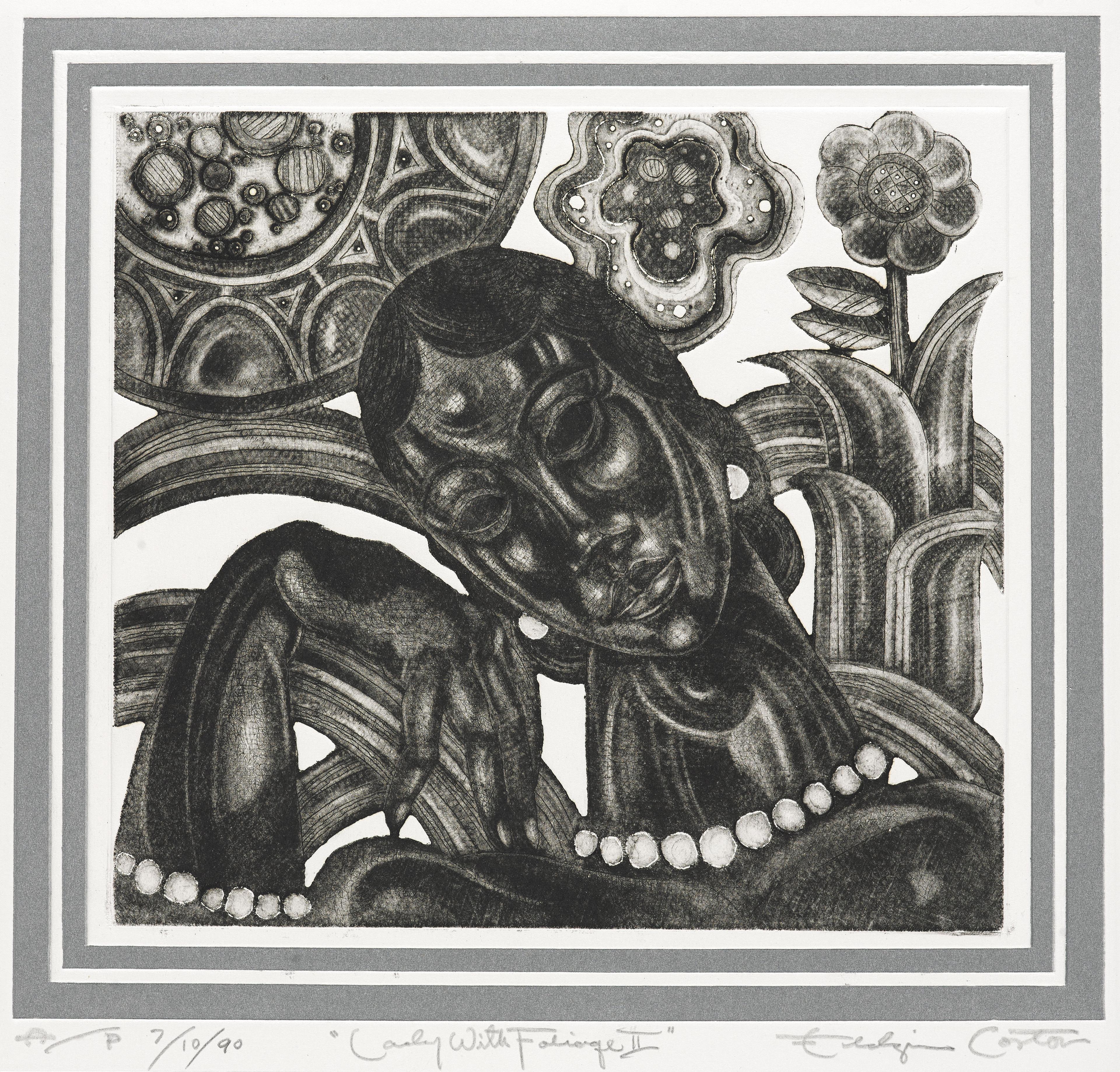 Eldzier Cortor (American, born 1916). Lady with Foliage II, n.d. Mezzotint, 22 × 181⁄4 in. (55.9 × 46.4 cm). Brooklyn Museum, Gift of Eldzier Cortor in memory of Sophia Cortor, 2012.81.10. © Eldzier Cortor. (Photo: Sarah DeSantis, Brooklyn Museum)