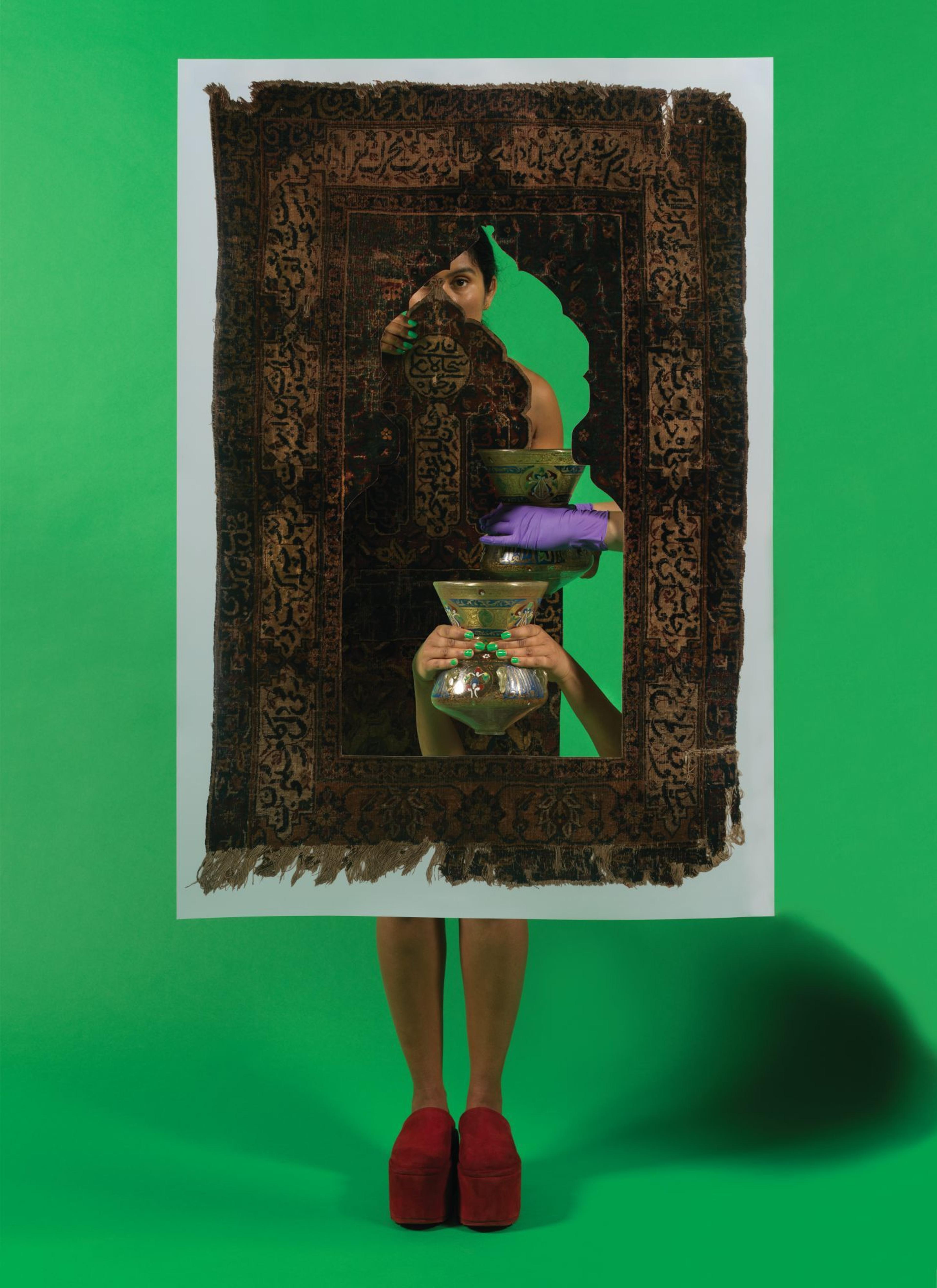 Baseera Khan (born Denton, Texas, 1980). Mosque Lamp and Prayer Carpet Green from Law of Antiquities, 2021. Archival inkjet print, artist’s custom frame, 33 × 24 in. (83.82 × 60.96 cm). Courtesy of the artist and Simone Subal Gallery, New York. © Baseera Khan