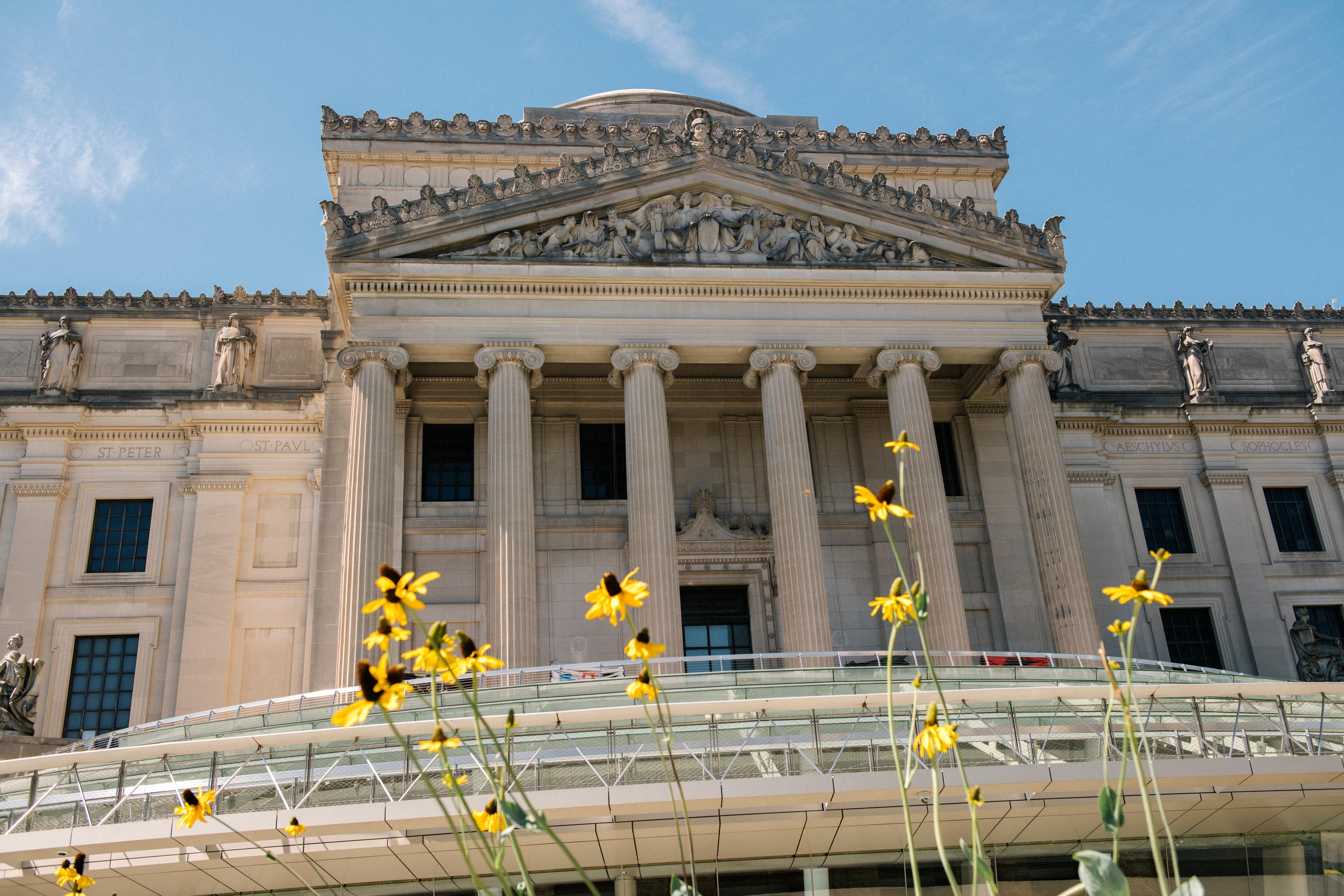 Museum facade featuring columns and reliefs with yellow flowers in the foreground