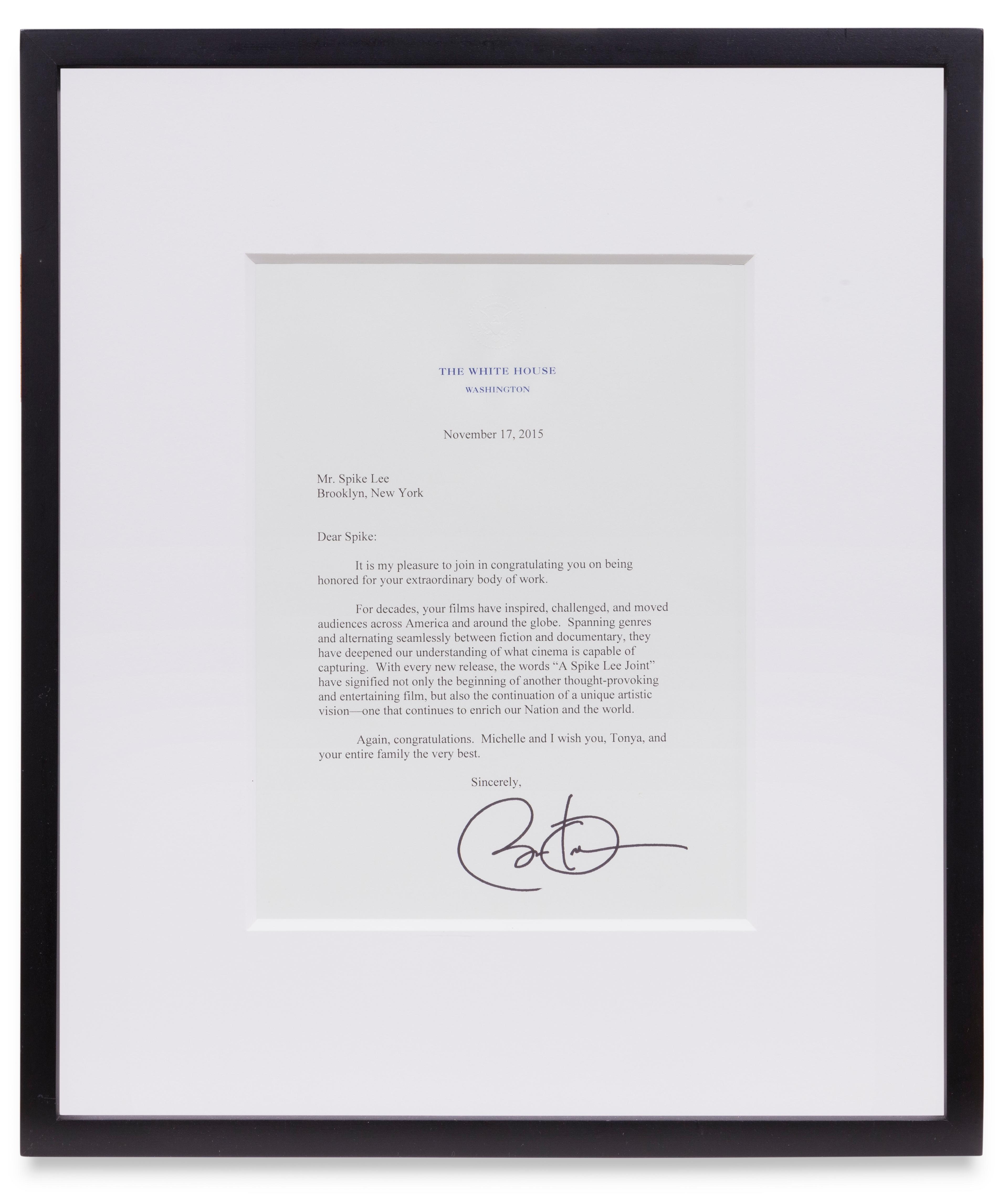 Letter from President Barack Obama to Spike Lee, November 17, 2015. Collection of Spike Lee and Tonya Lewis Lee. (Photo: by Joshua White, © 2023 Academy Museum Foundation)