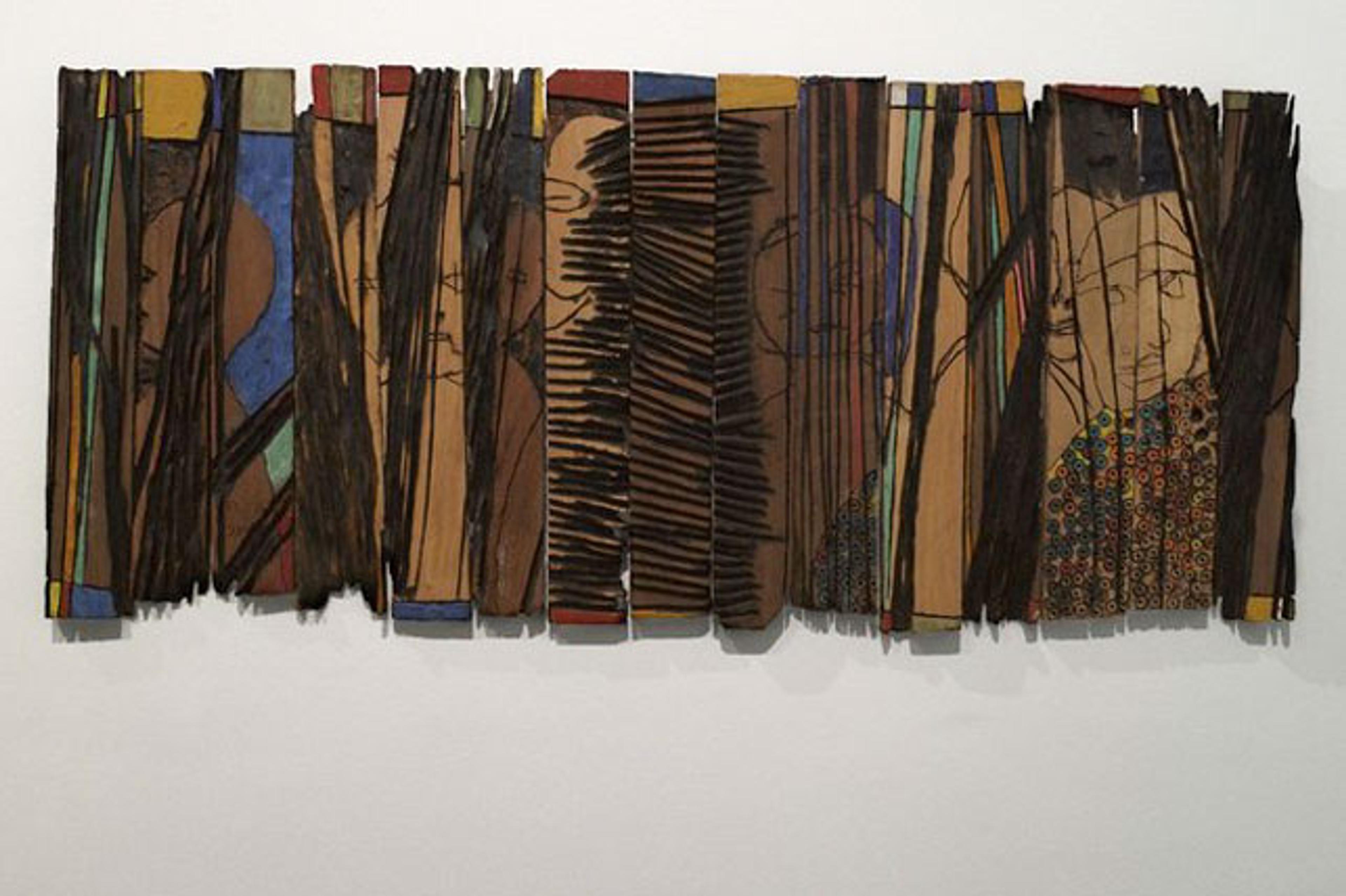 El Anatsui (Ghanaian, b. 1944). Conspirators, 1997. Wooden relief with paint, 24 × 553⁄4 x 7⁄8 in. (61 × 141.6 × 2.2 cm). Courtesy of the artist and Jack Shainman Gallery, New York. Brooklyn Museum photograph