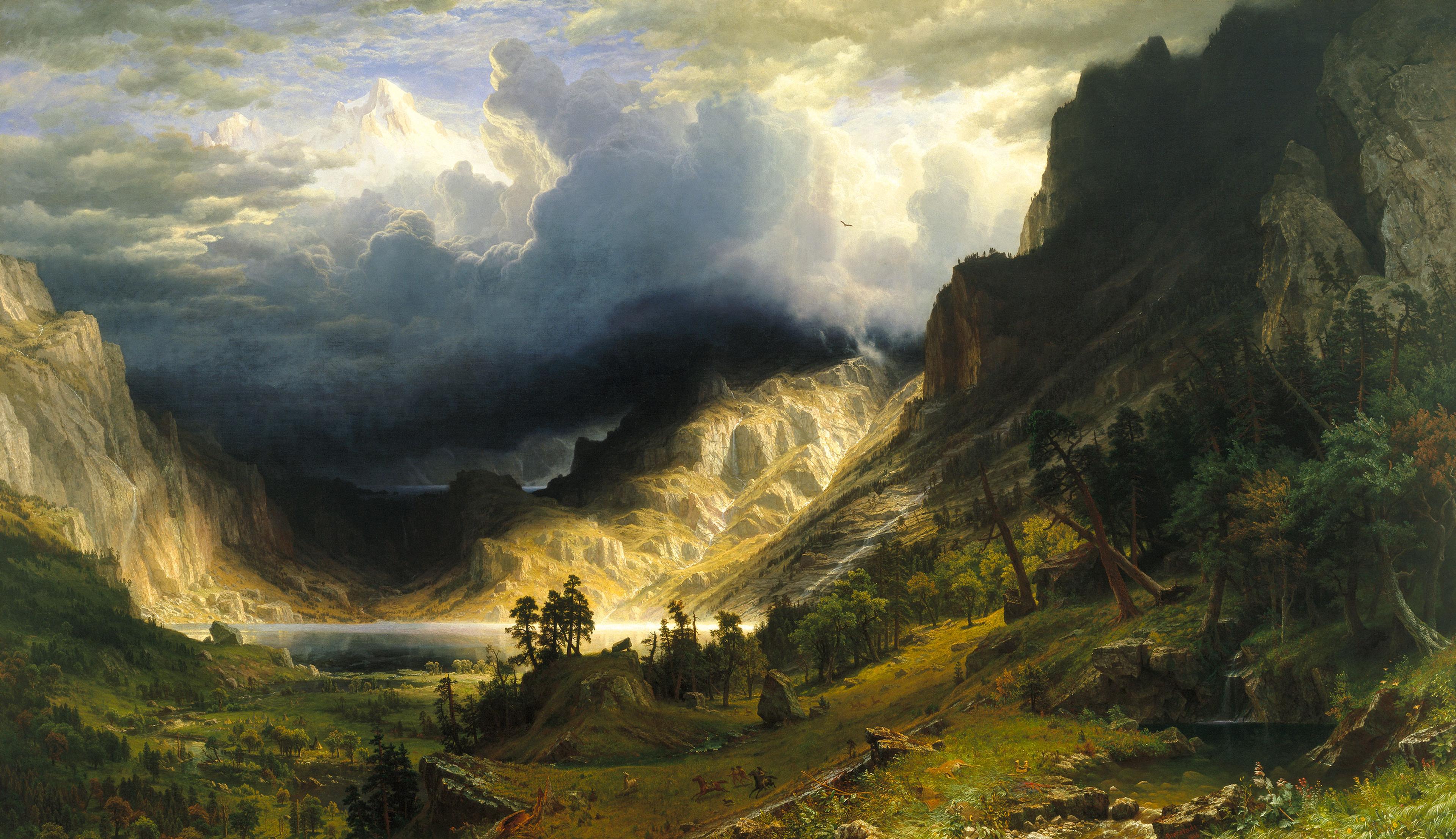 Painting of a wooded mountain valley where strong rays of sunlight contrast with surrounding darkness