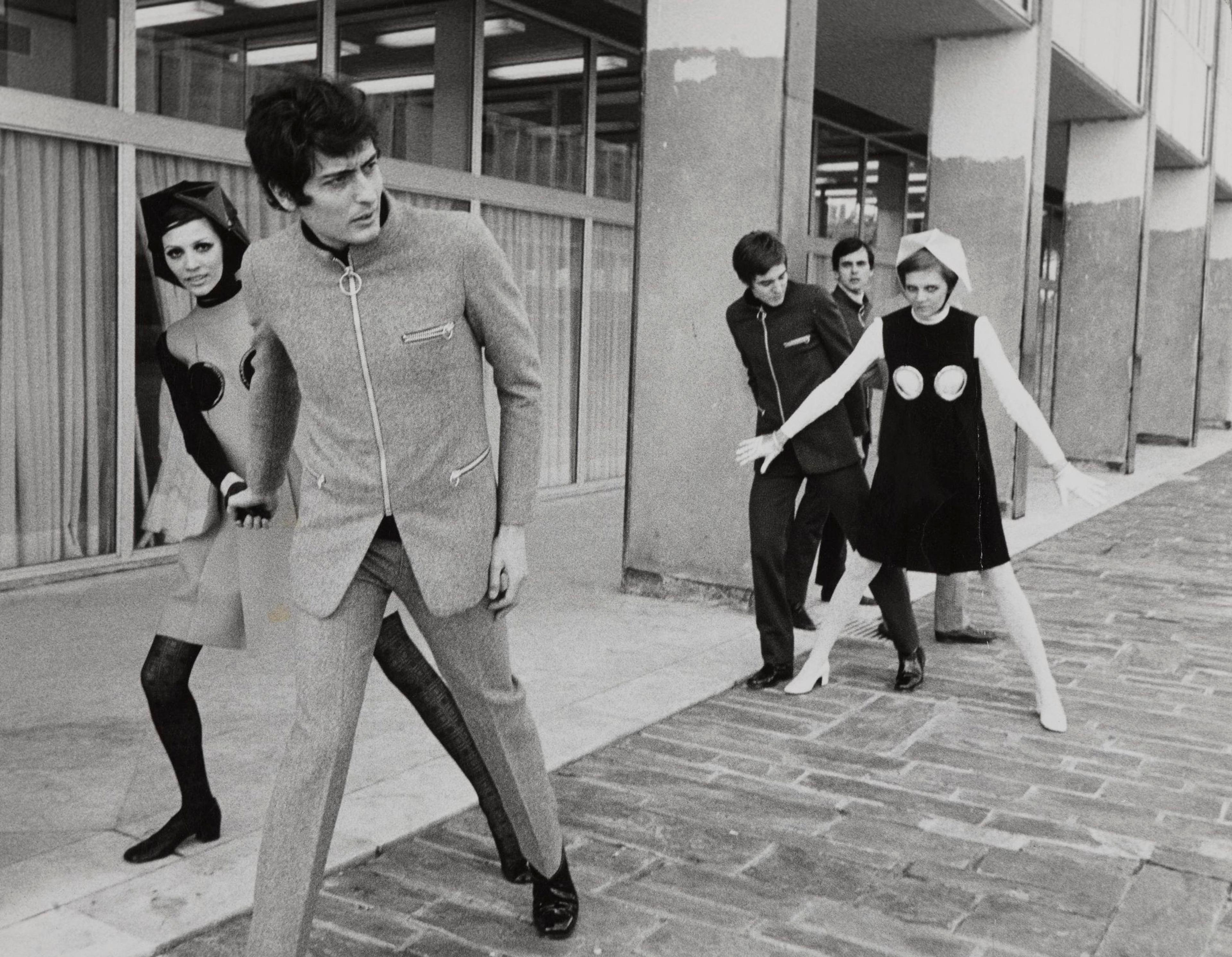 Pierre Cardin "Cosmocorps" suits and "Porthole" dresses, 1968. (Photo: Yoshi Takata. Courtesy of Archives Pierre Cardin. © Archives Pierre Cardin)