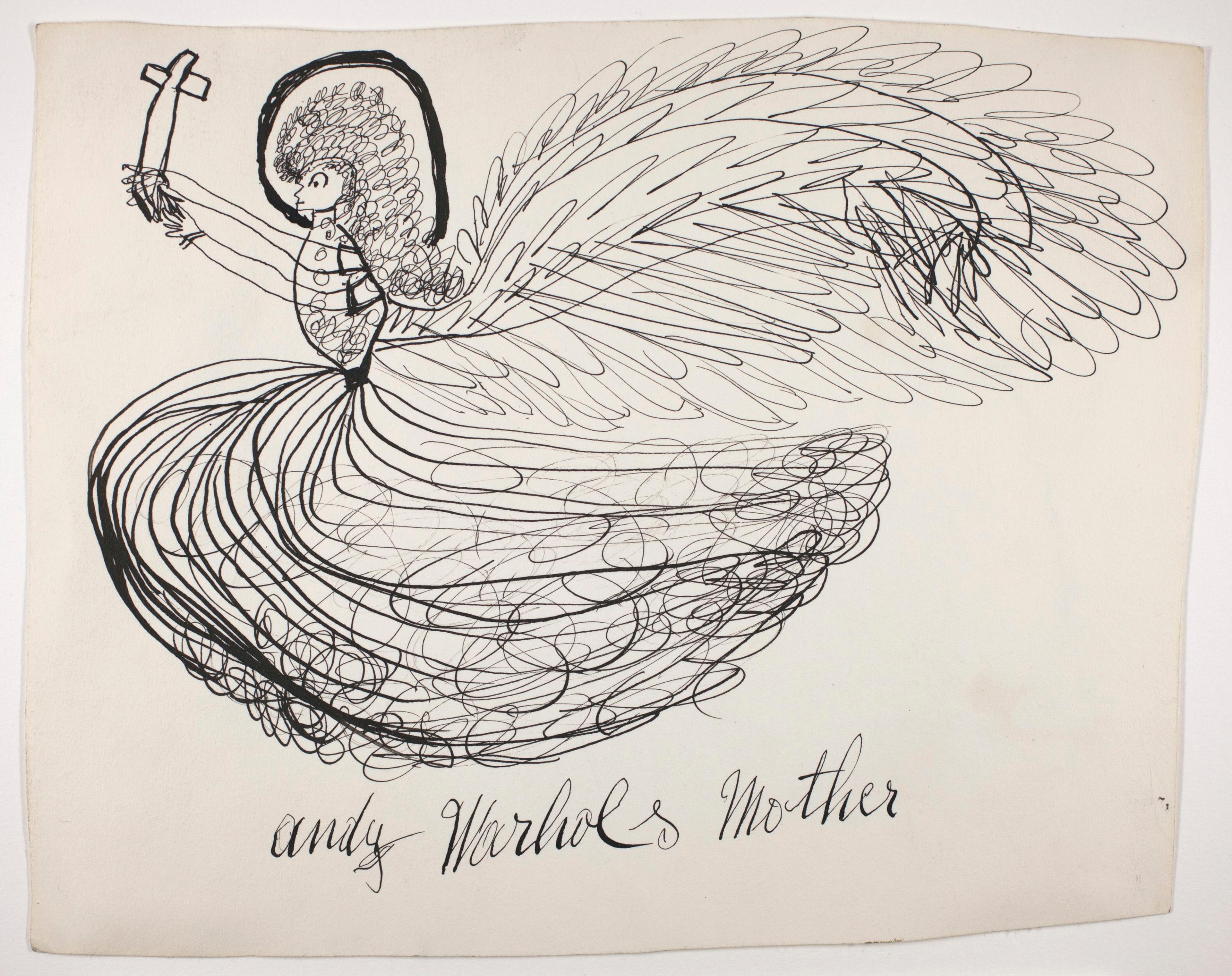 Julia Warhola (American, 1891–1972). <i>Angel Holding Cross</i>, between 1952 and 1970. Ink on Strathmore paper, 71/4 × 9 in. (18.4 × 22.9 cm). The Andy Warhol Museum, Pittsburgh; Founding Collection, Contribution The Andy Warhol Foundation for the Visual Arts, Inc., 1998.1.1752. © 2021 The Andy Warhol Foundation for the Visual Arts, Inc. / Licensed by Artists Rights Society (ARS), New York