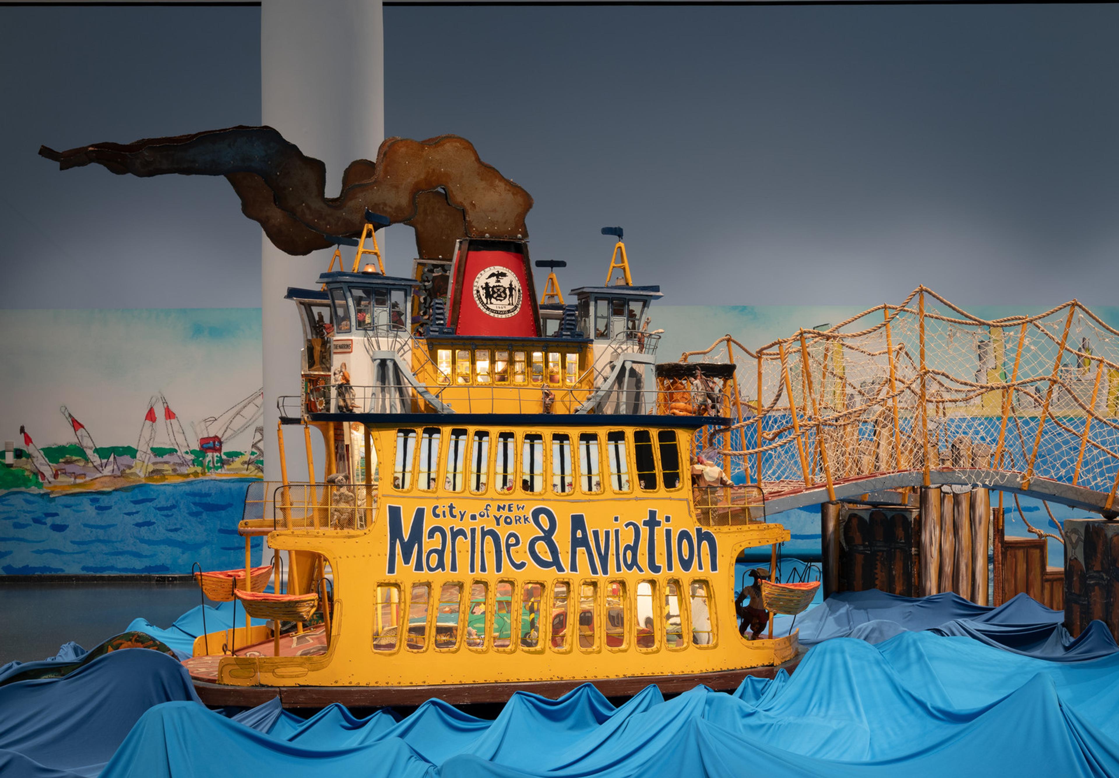 Installation view of <i>Red Grooms, Mimi Gross, and The Ruckus Construction Co.: Excerpts from “Ruckus Manhattan.”</i> Brooklyn Museum, June 13–November 2, 2025. © Red Grooms, Member of Artists Rights Society (ARS). © 2025 Mimi Gross / Artists Rights Society (ARS), New York. (Photo: Paula Abreu Pita)