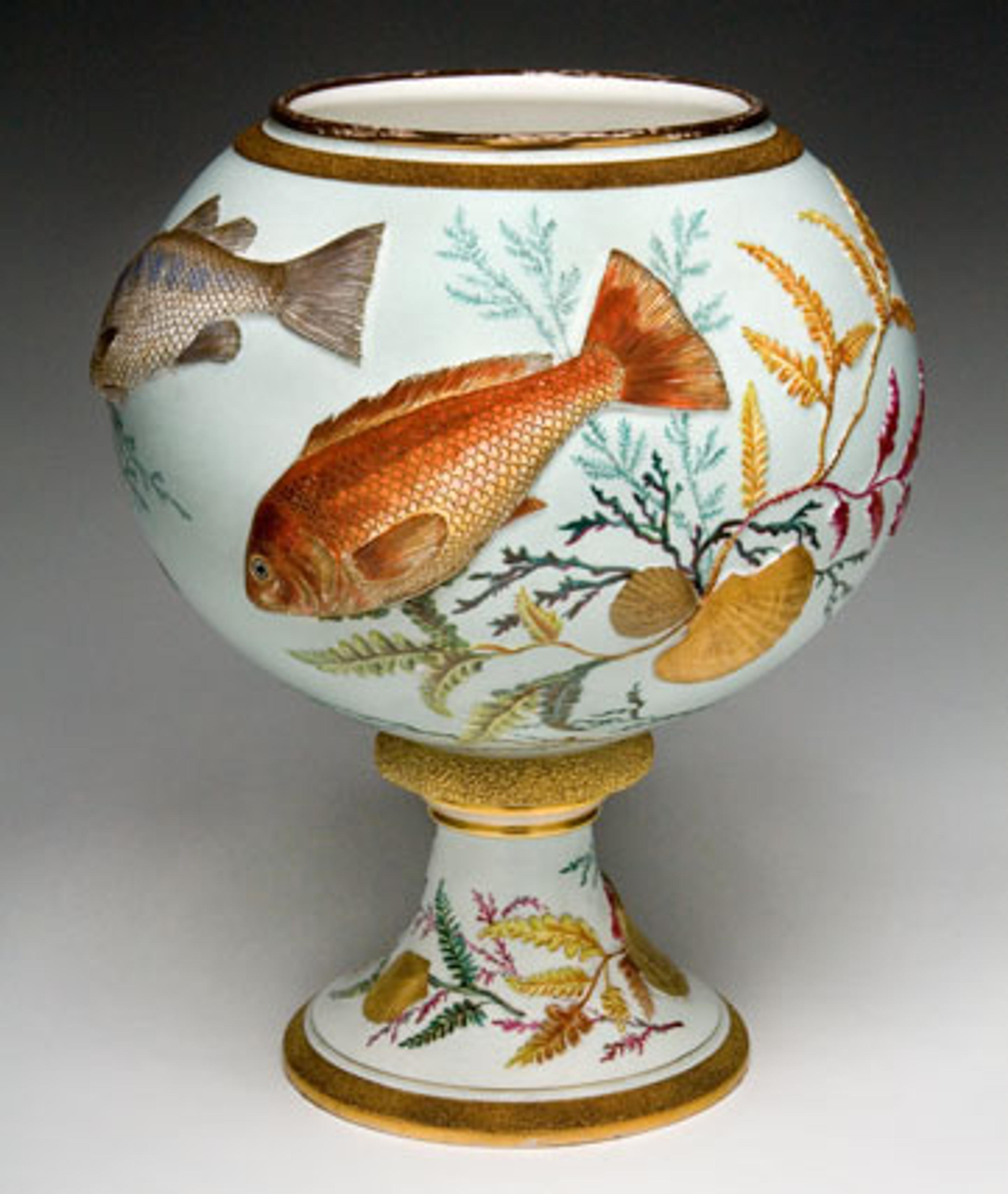 Edward Lycett (American, b. England, 1833–1910). Faience Manufacturing Company (1881–92). Vase, 1886–90. Cream-colored earthenware applied with molded fish and shells; painted over ivory or gray-green glazed ground with polychrome enamels; flat and raised gold paste decoration. Collection of Barrie and Deedee Wigmore