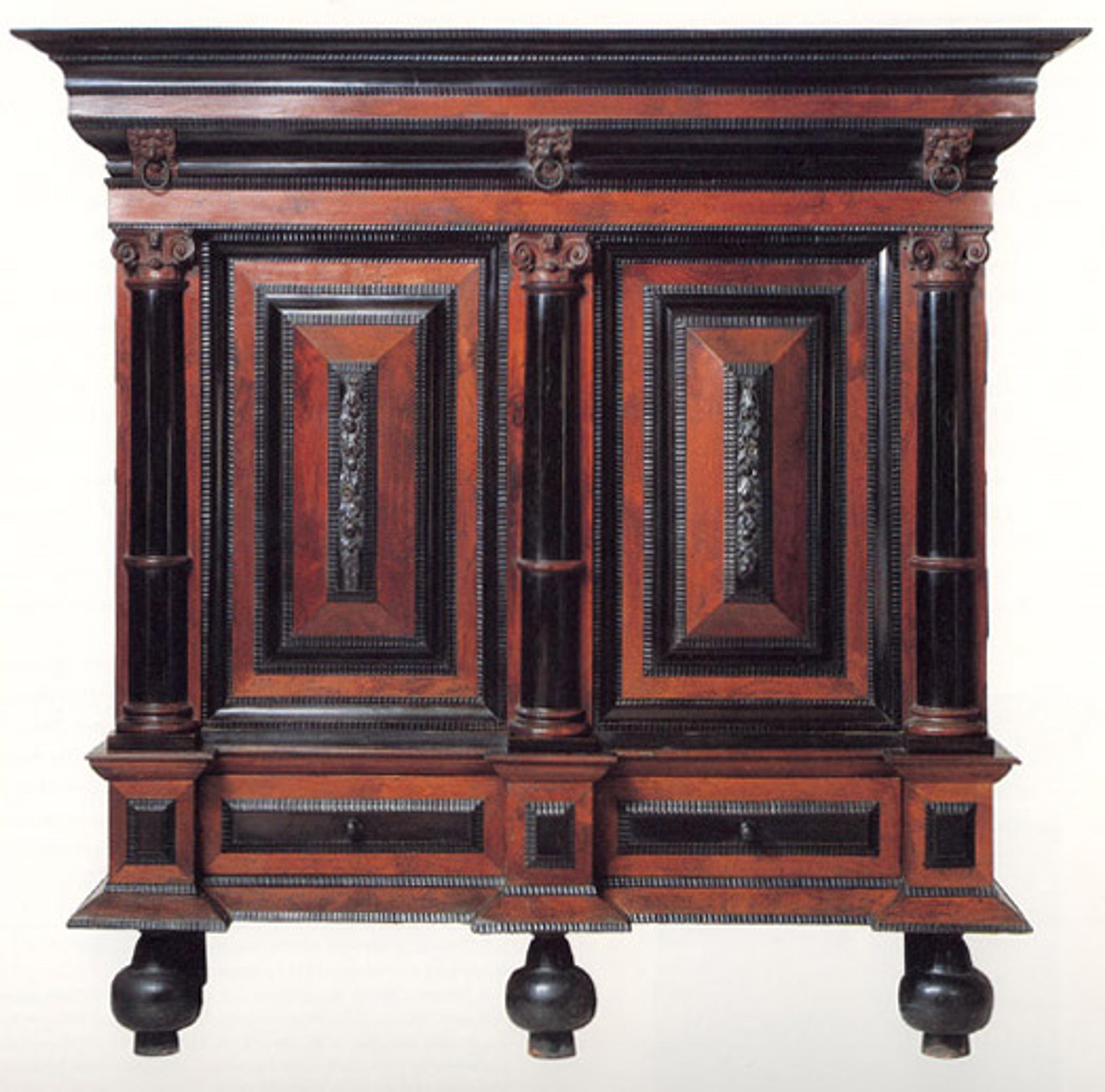 Unknown Maker (The Netherlands). Kas, ca. 1650. Rosewood and ebony veneers over oak and pine. Brooklyn Museum, Gift of Mary van Kleeck in memory of Charles M. van Kleeck, 51.157.1.