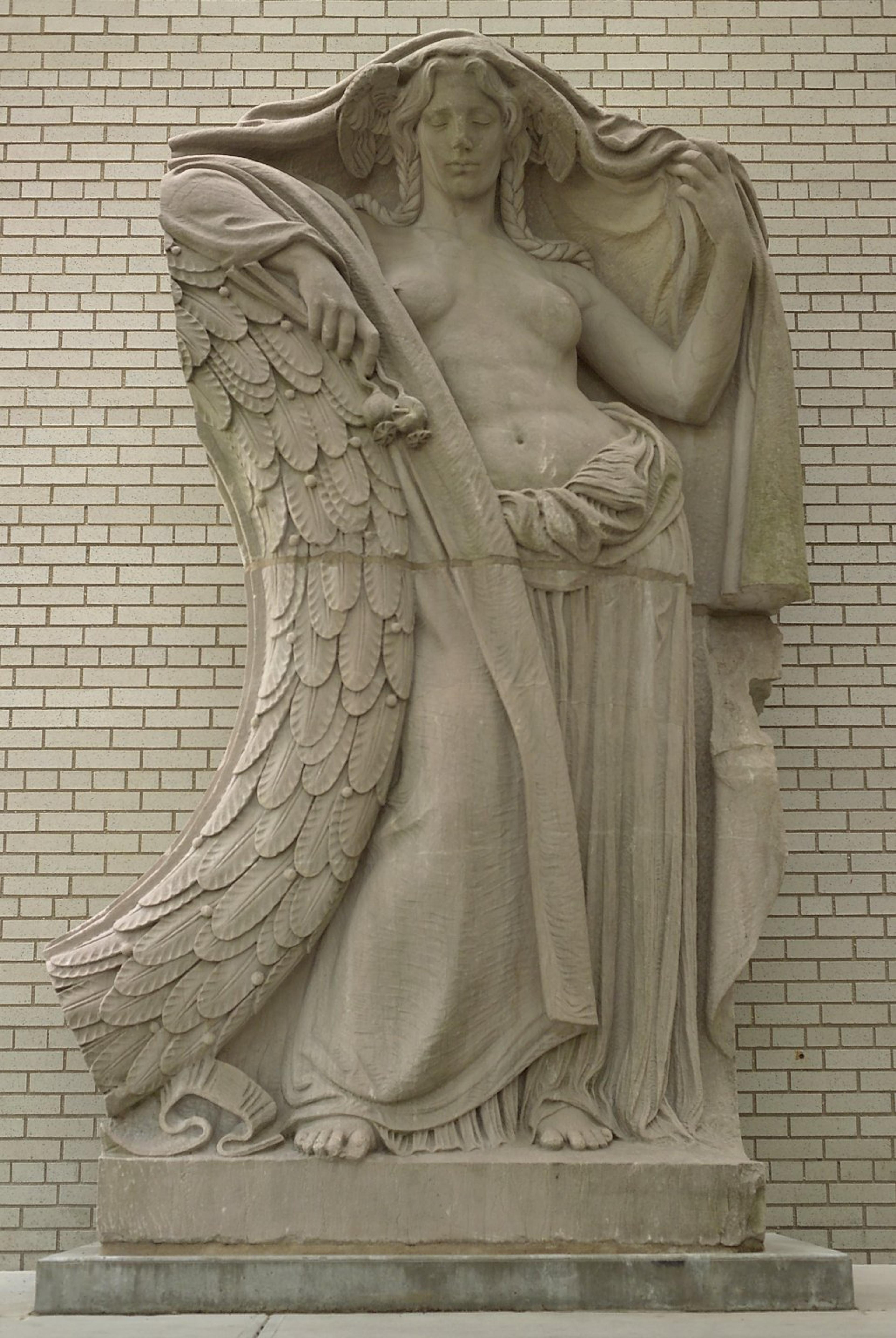 Adolph Alexander Weinman (American, born Germany, 1870–1952). Night, Clock Figure from Pennsylvania Station, 31st to 33rd Streets between 7th and 8th Avenues, NYC, circa 1910. Tennessee marble, 132 x 86 x 42 in. (335.3 x 218.4 x 106.7 cm). Brooklyn Museum, Gift of Lipsett Demolition Co. and Youngstown Cartage, 66.250.1