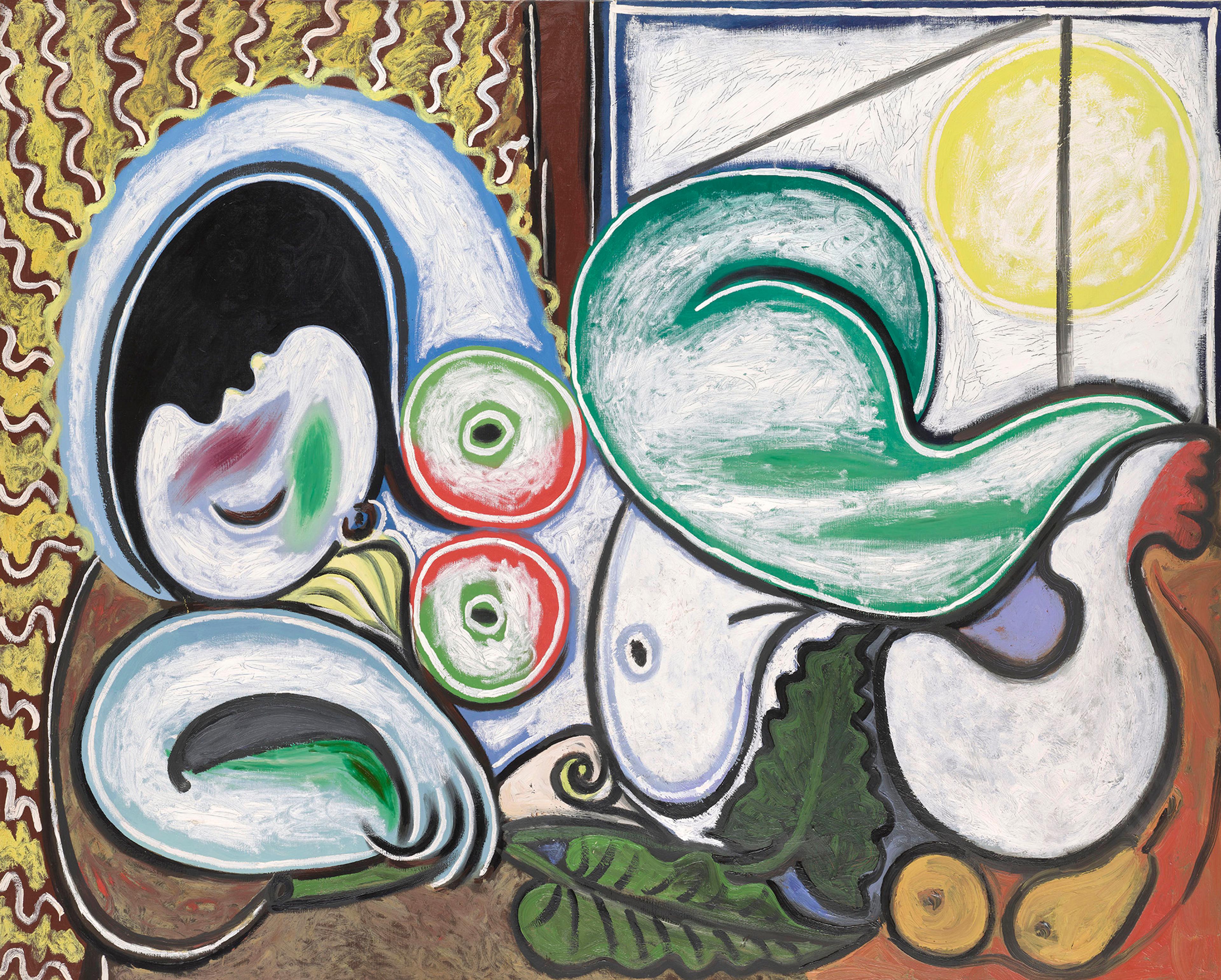 An abstract painting with a reclining figure, green leaf shapes, red circular forms, and a yellow sun against a patterned background