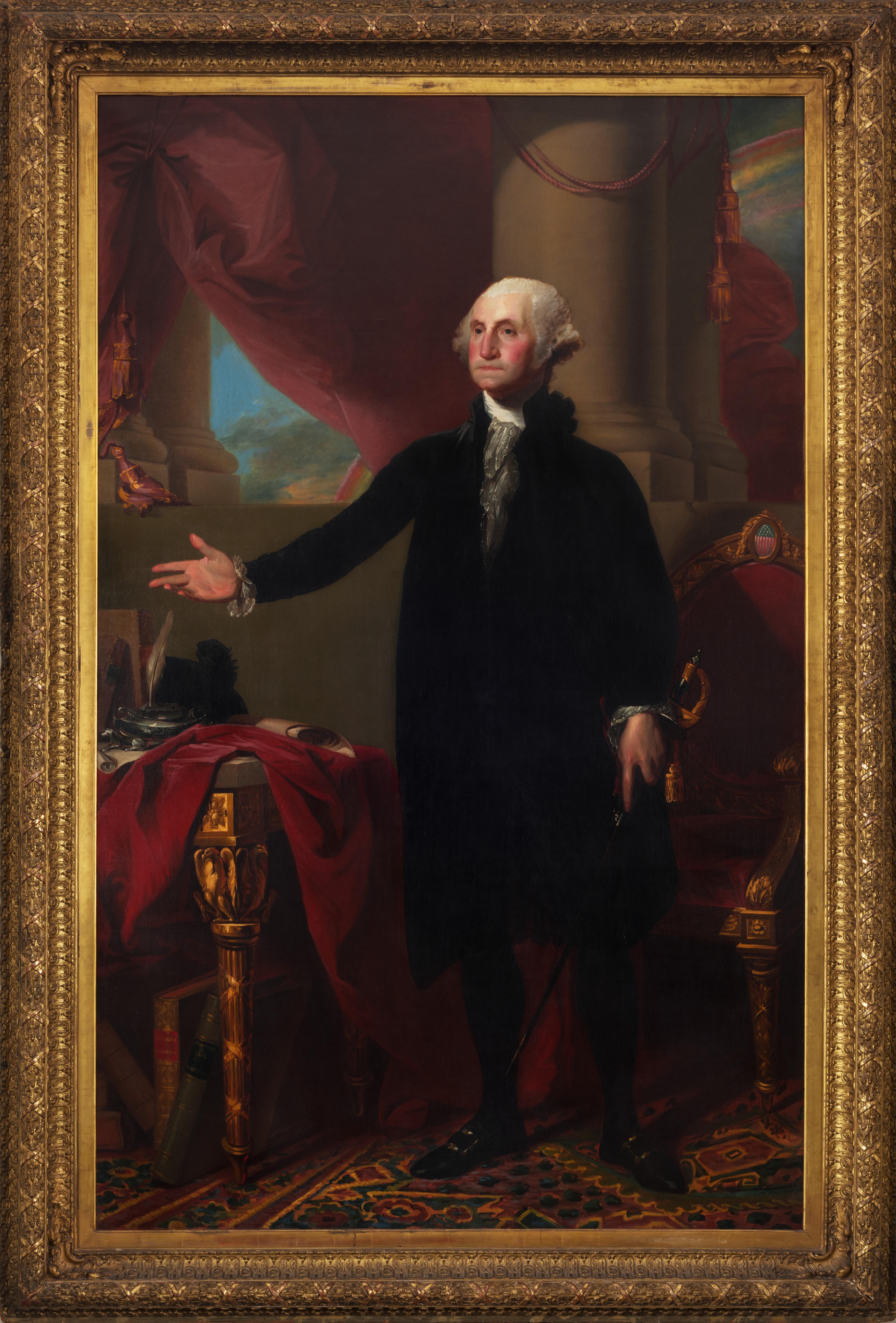 Painting of George Washington standing in a black suit with one hand outstretched surrounded by ornate furniture