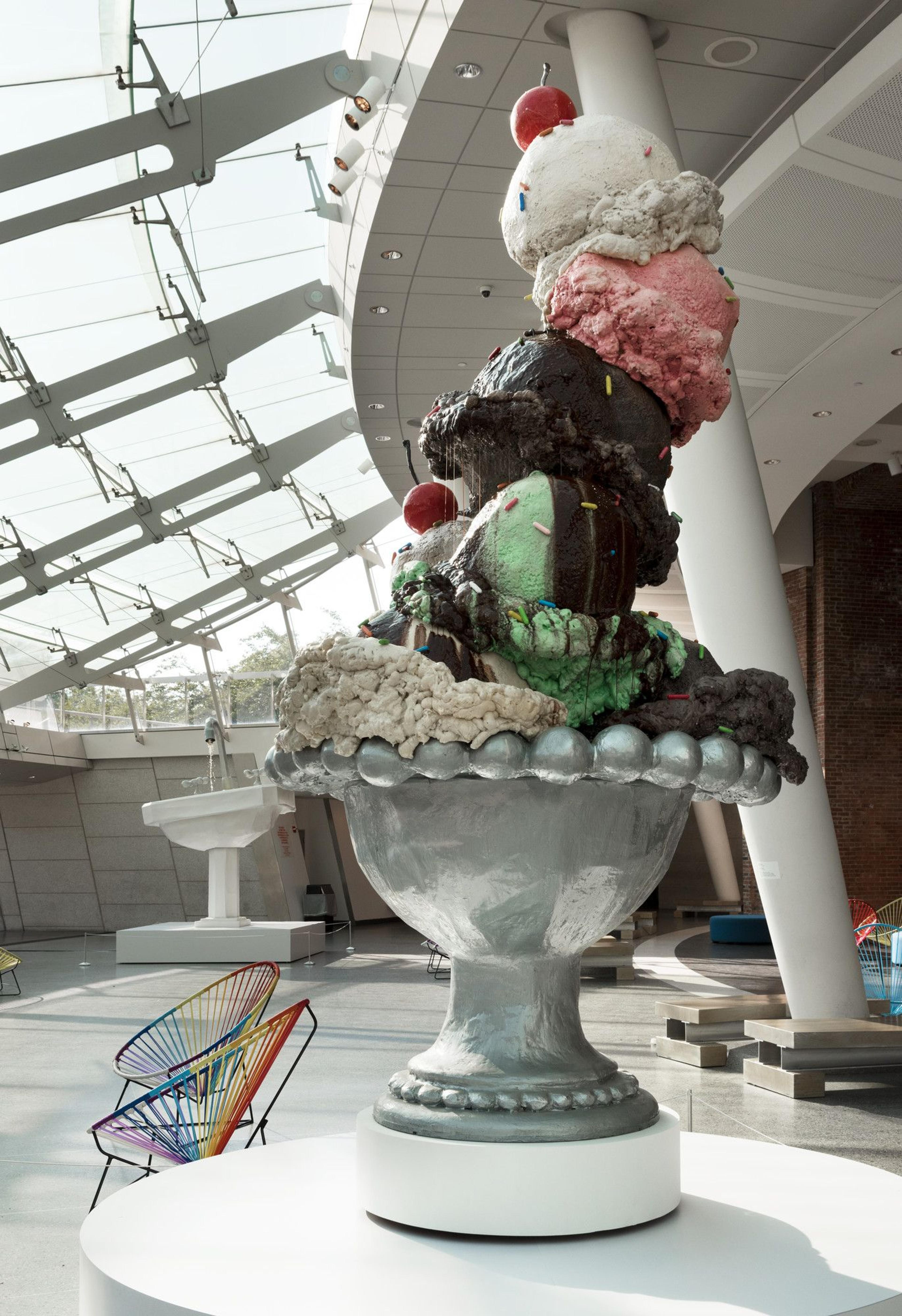 Jen Catron (American, born 1984) and Paul Outlaw (American, born 1980). B.S.O. (Bright Shiny Object), 2018. Papier-mâché, acrylic paint, resin, imitation chocolate sauce, pump, motorized turntable. Courtesy of Postmasters Gallery and the artists, EL186.01. (Photo: Jonathan Dorado)